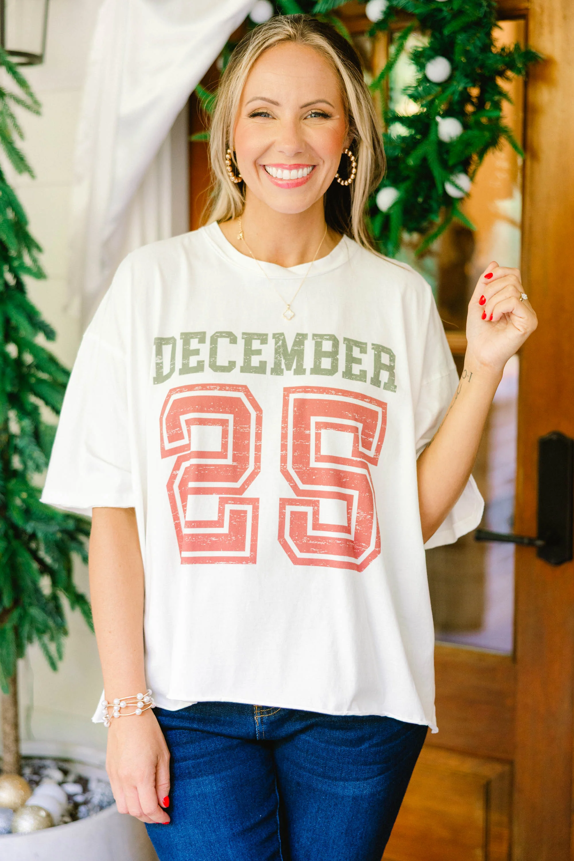 Team Christmas Vintage Wash Tee, White - Weilaico