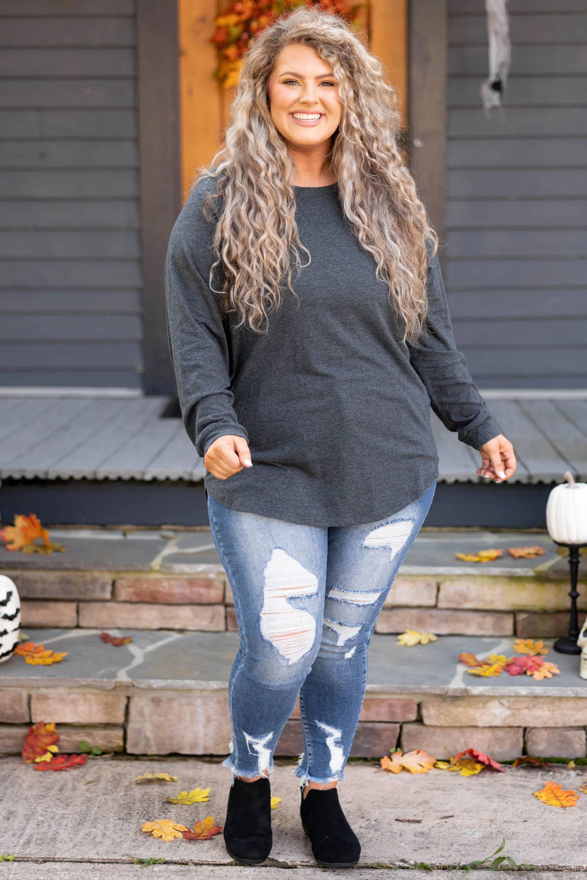 Curved Hem Slouchy Dolman Tunic, Charcoal - Weilaico