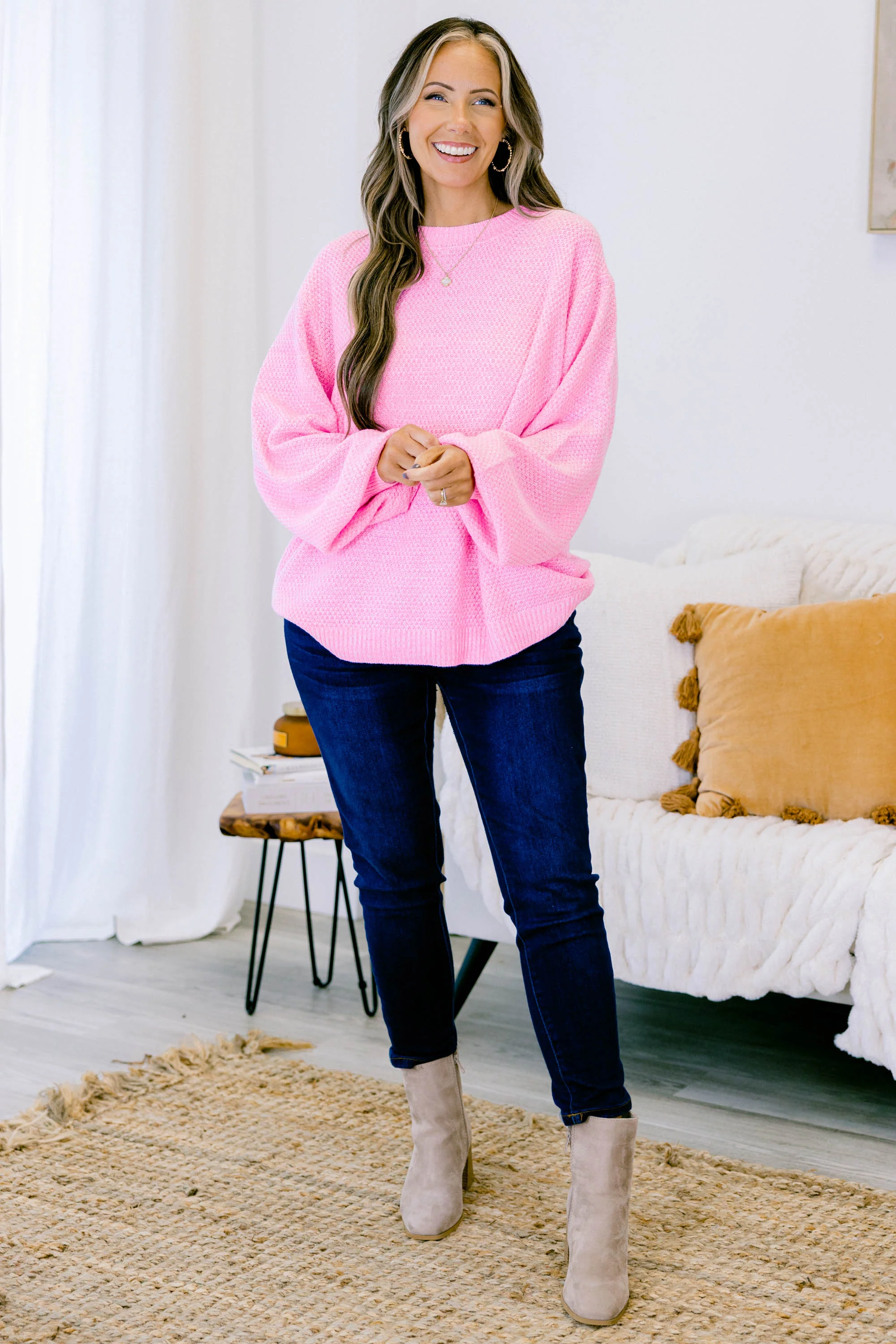 Cozy Bubble Sleeve Sweater, Spring Pink - Weilaico