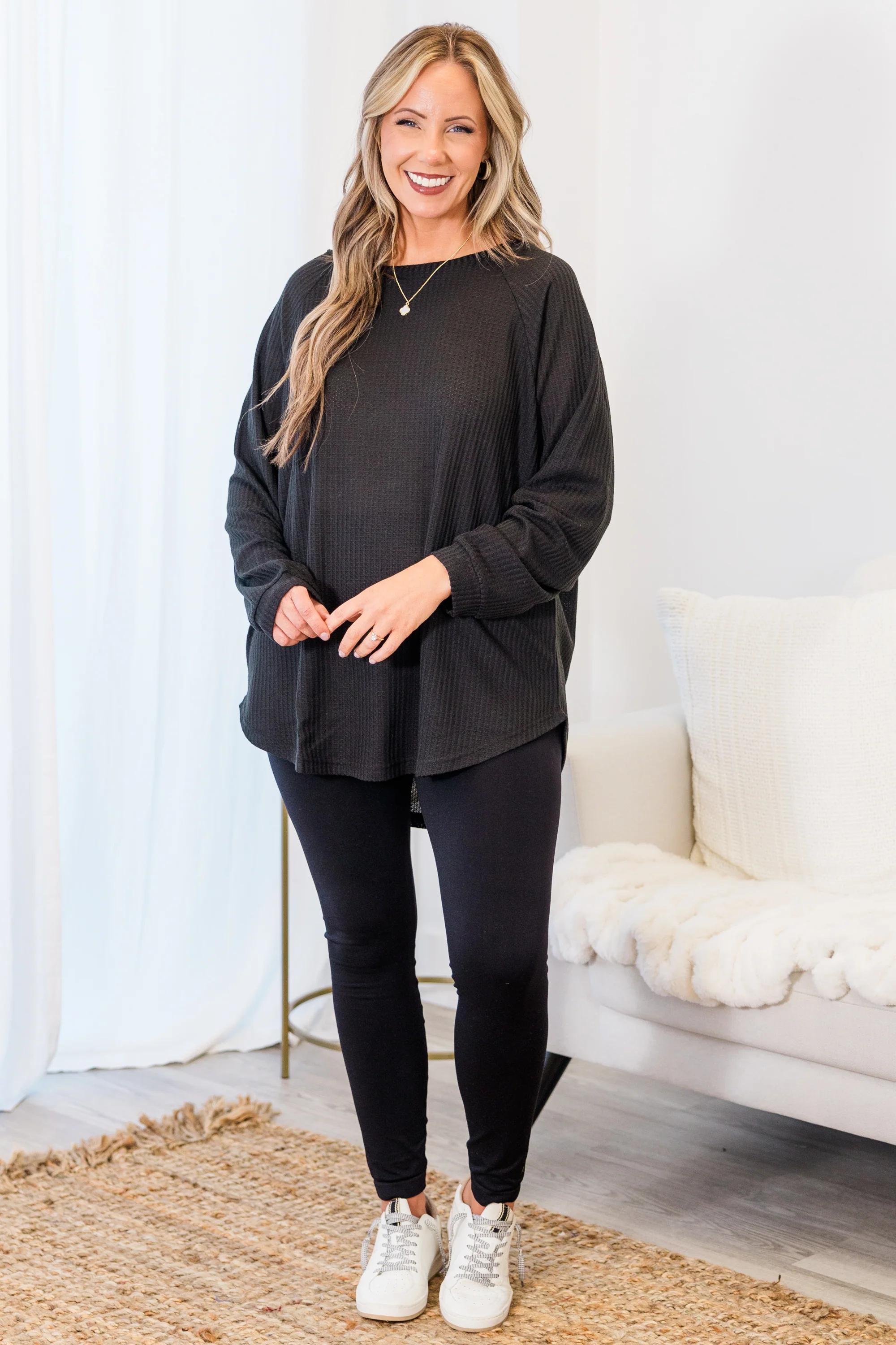 Curved Hem Slouchy Dolman Tunic, Black Thermal - Weilaico