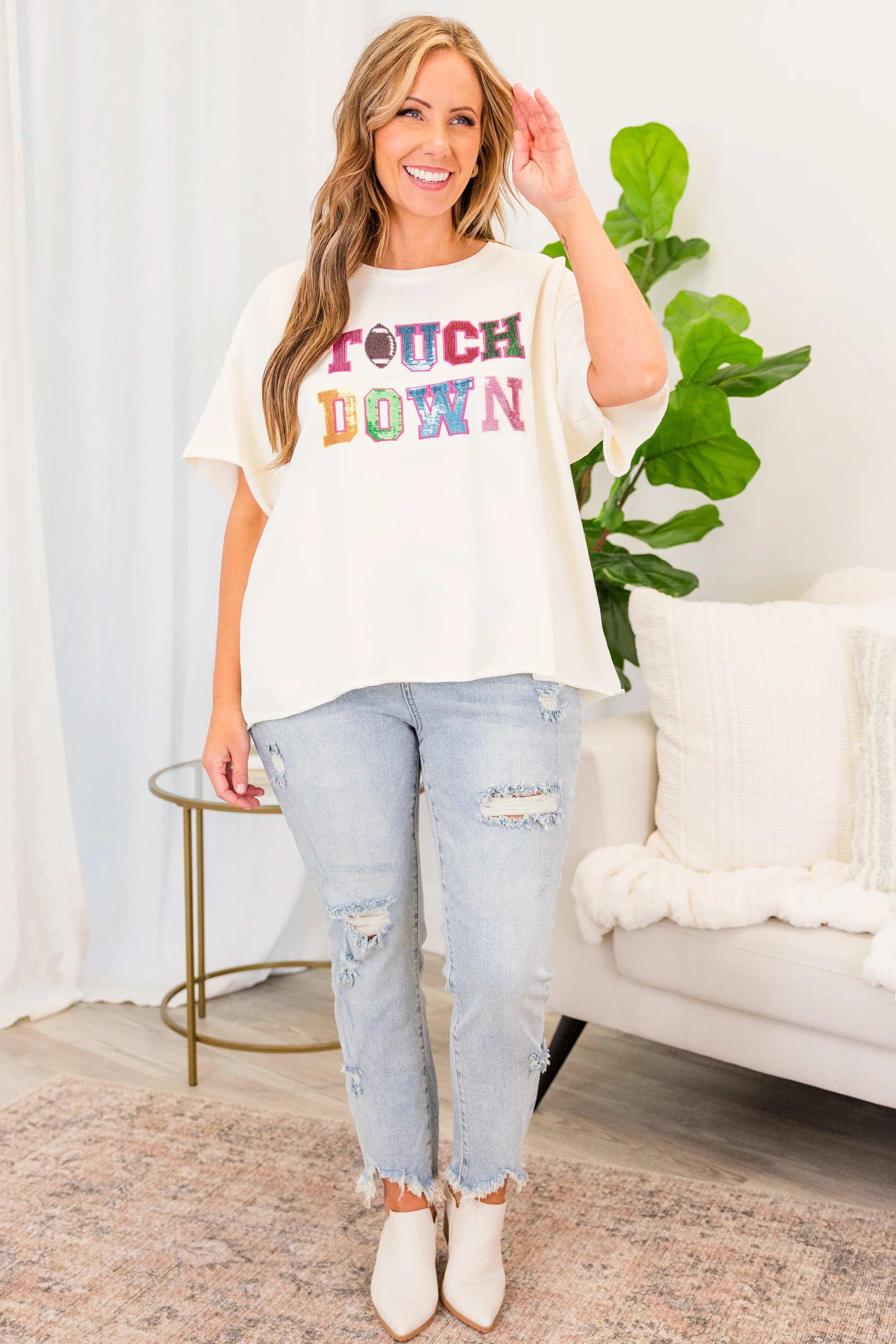 Sequin Score Top, Cream - Weilaico