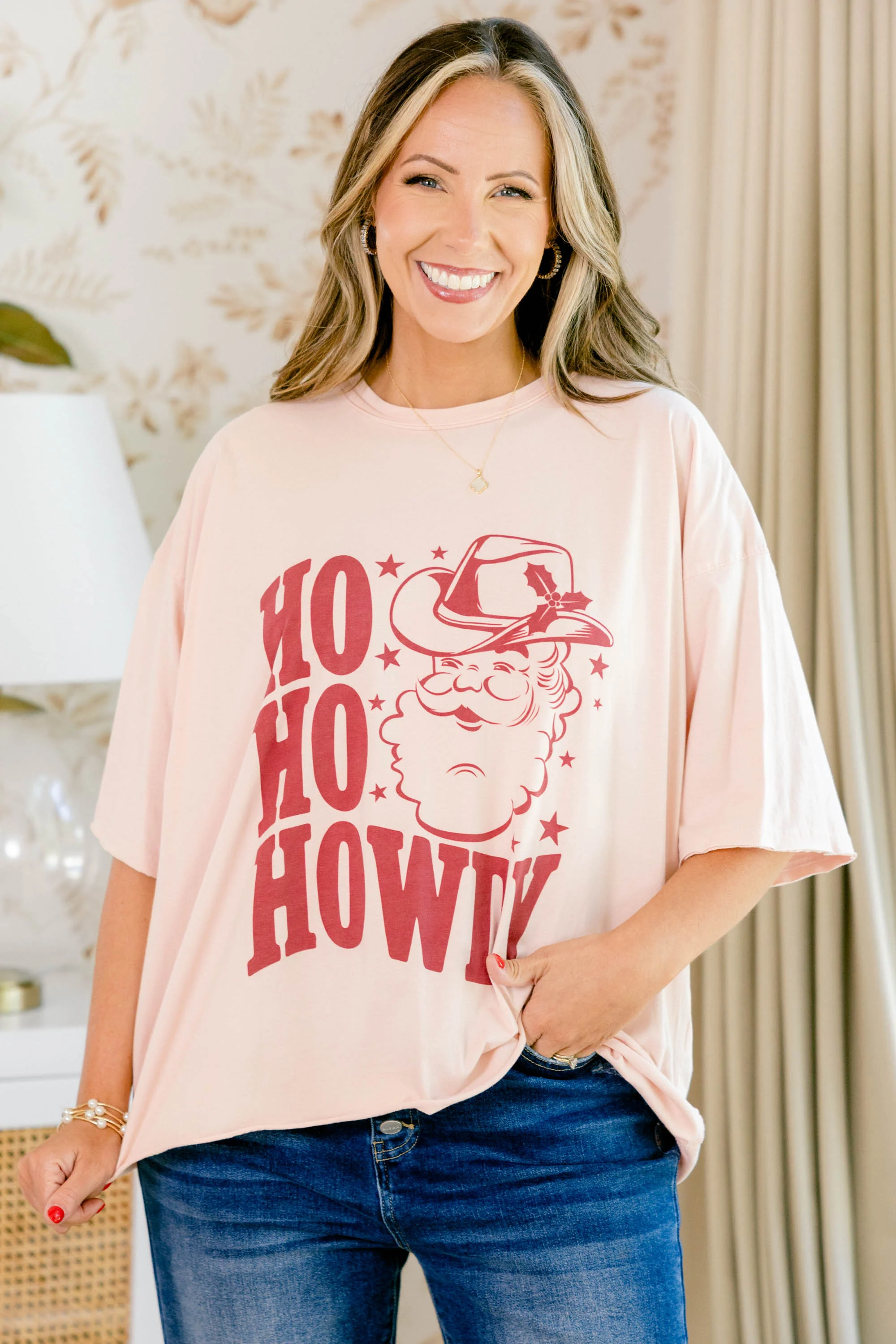 Ho Ho Howdy Vintage Wash Tee, Blush Pink - Weilaico