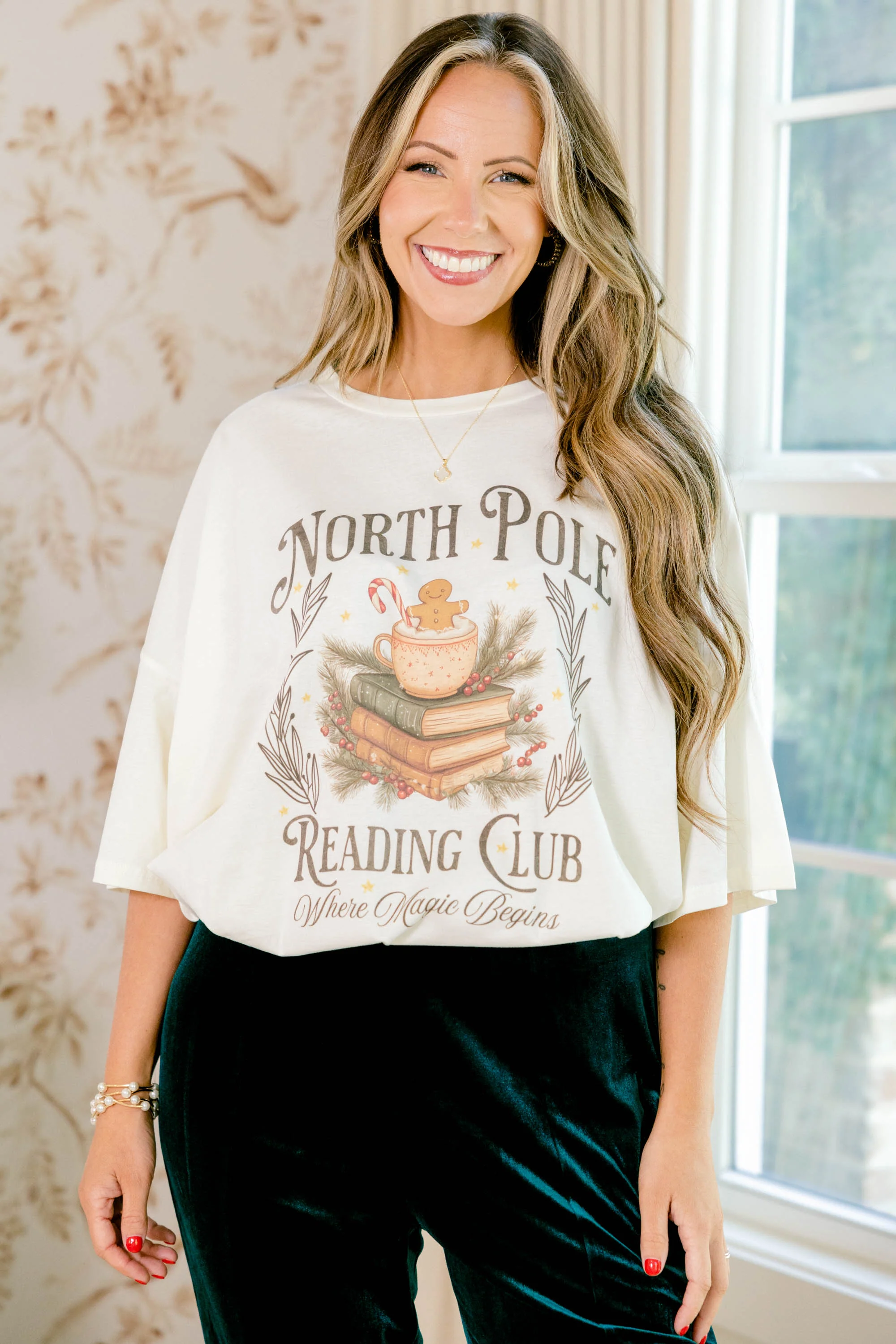 North Pole Reading Club Boyfriend Tee, Ivory - Weilaico