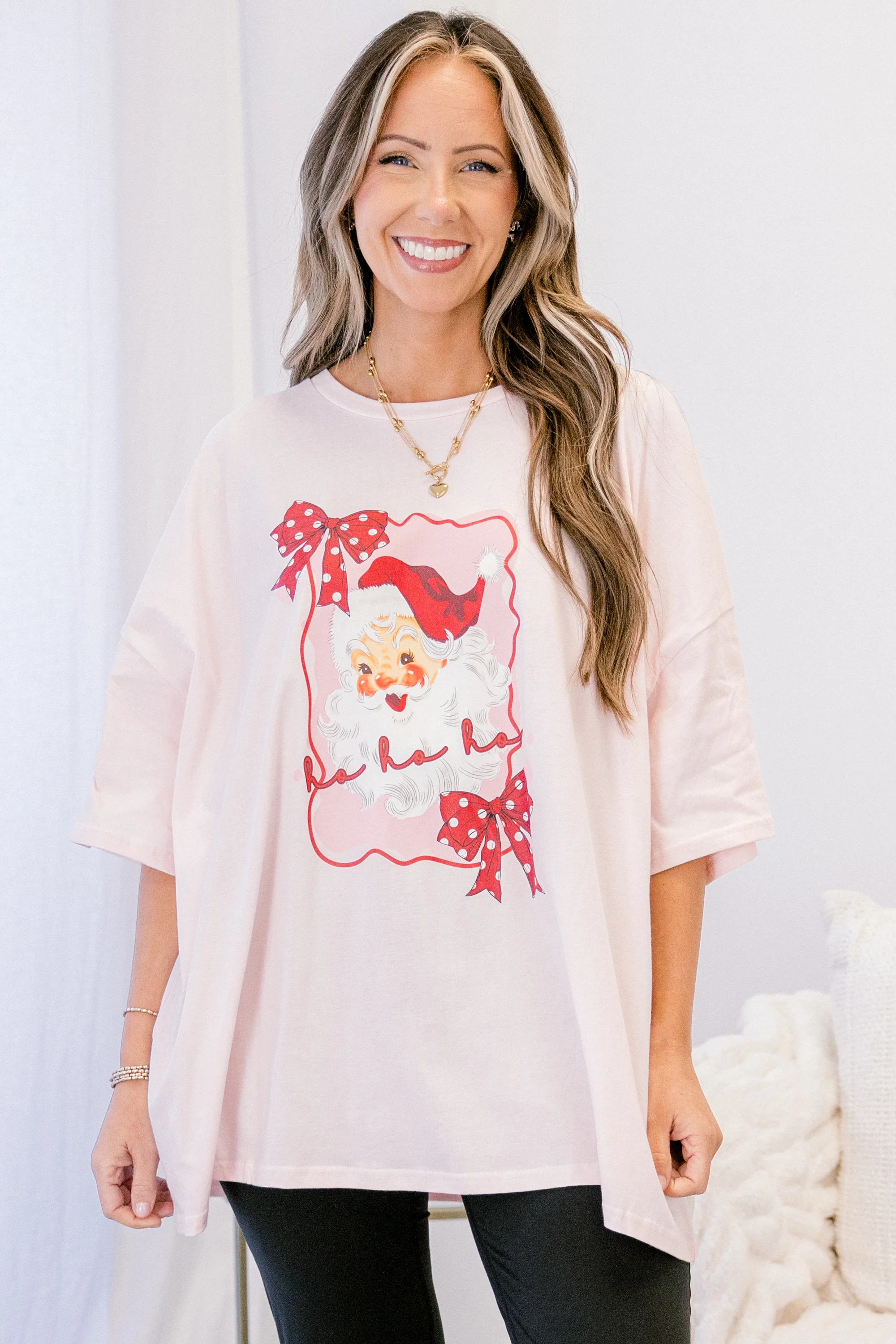 Santa Season Imported Boyfriend Tee, Cream Pink - Weilaico