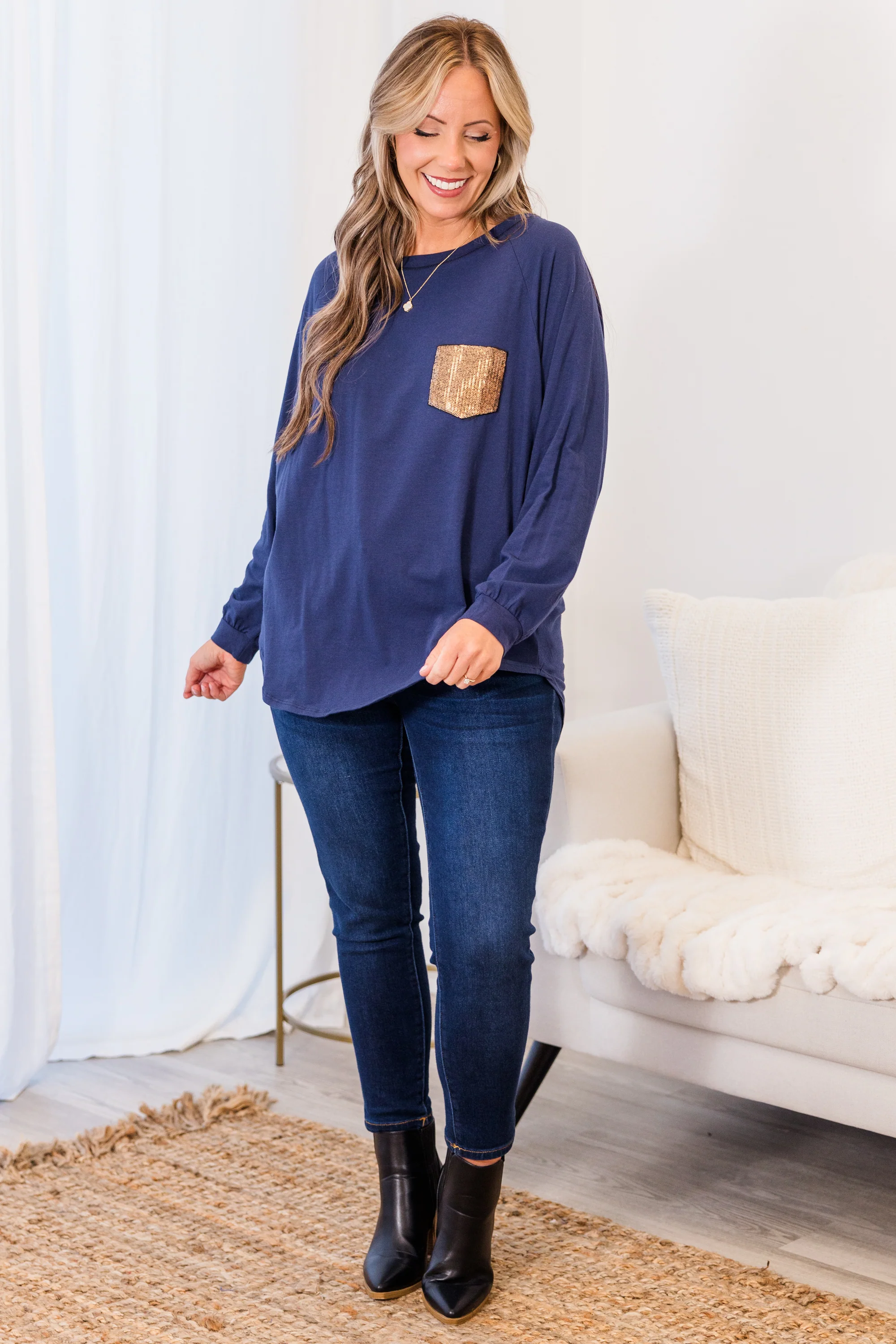 Curved Hem Slouchy Dolman Tunic, Navy Sequin - Weilaico