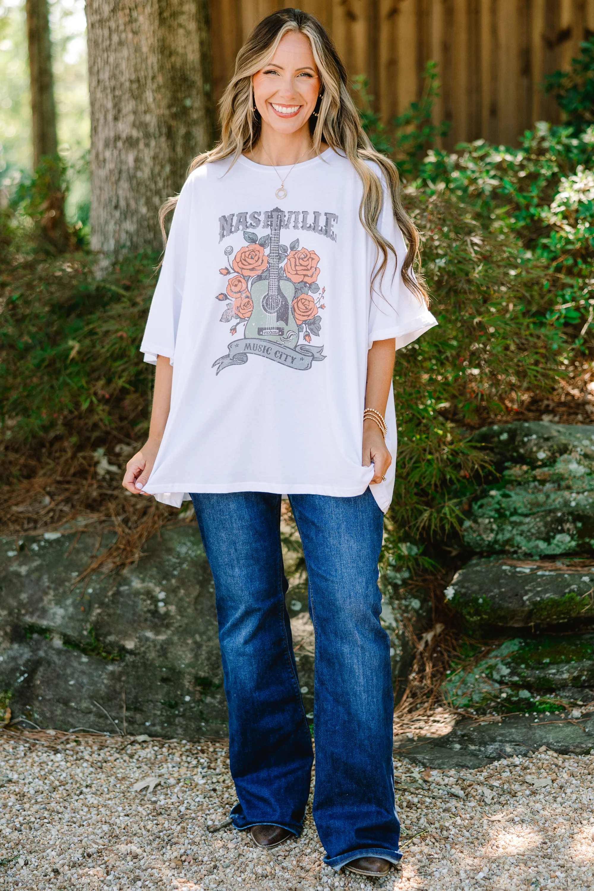 Nashville Glam Boyfriend Tee, White - Weilaico