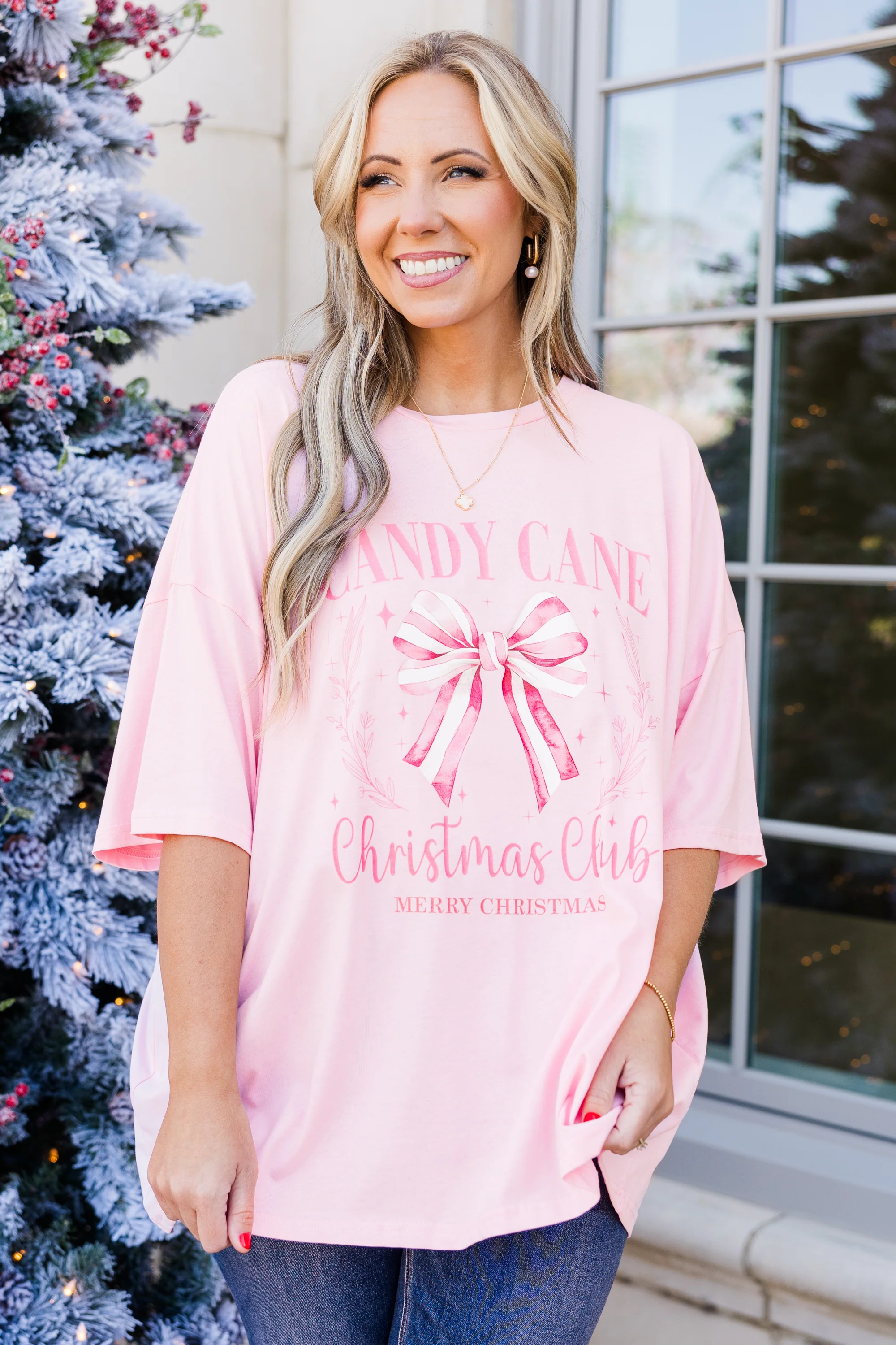 Candy Cane Club Boyfriend Tee, Dusty Pink - Weilaico