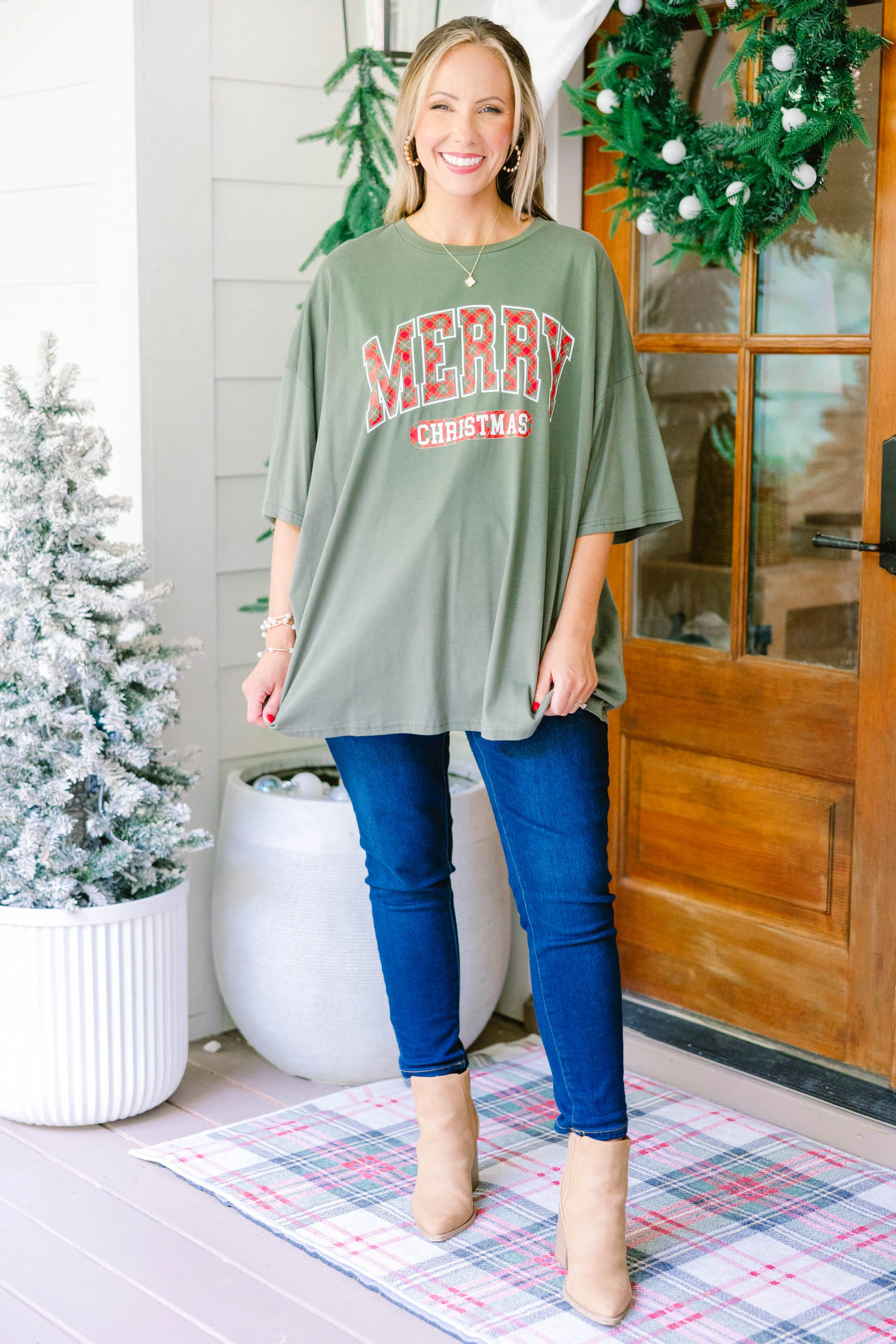 Festive and Merry Boyfriend Tee, Moss - Weilaico