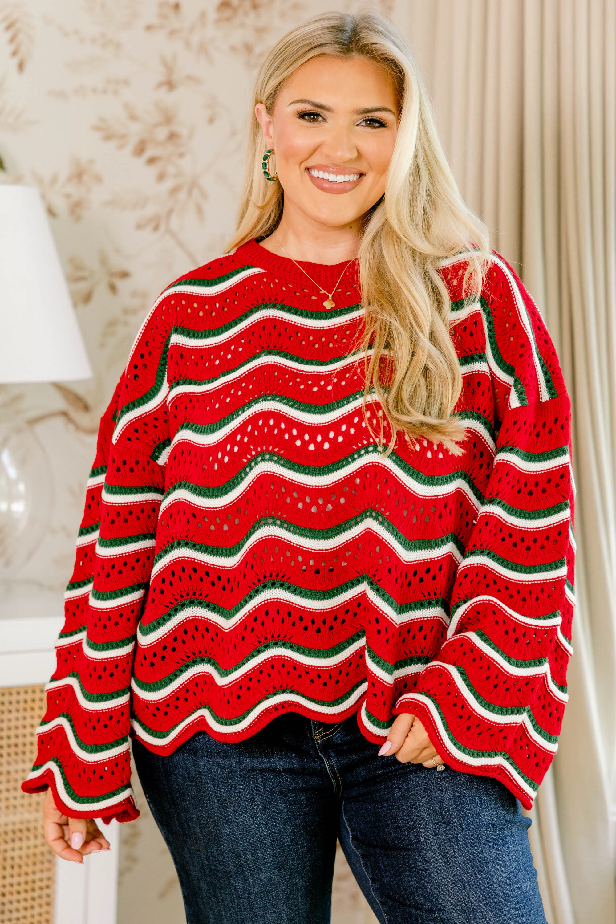 Wavy Comfort Sweater, Red-Green - Weilaico
