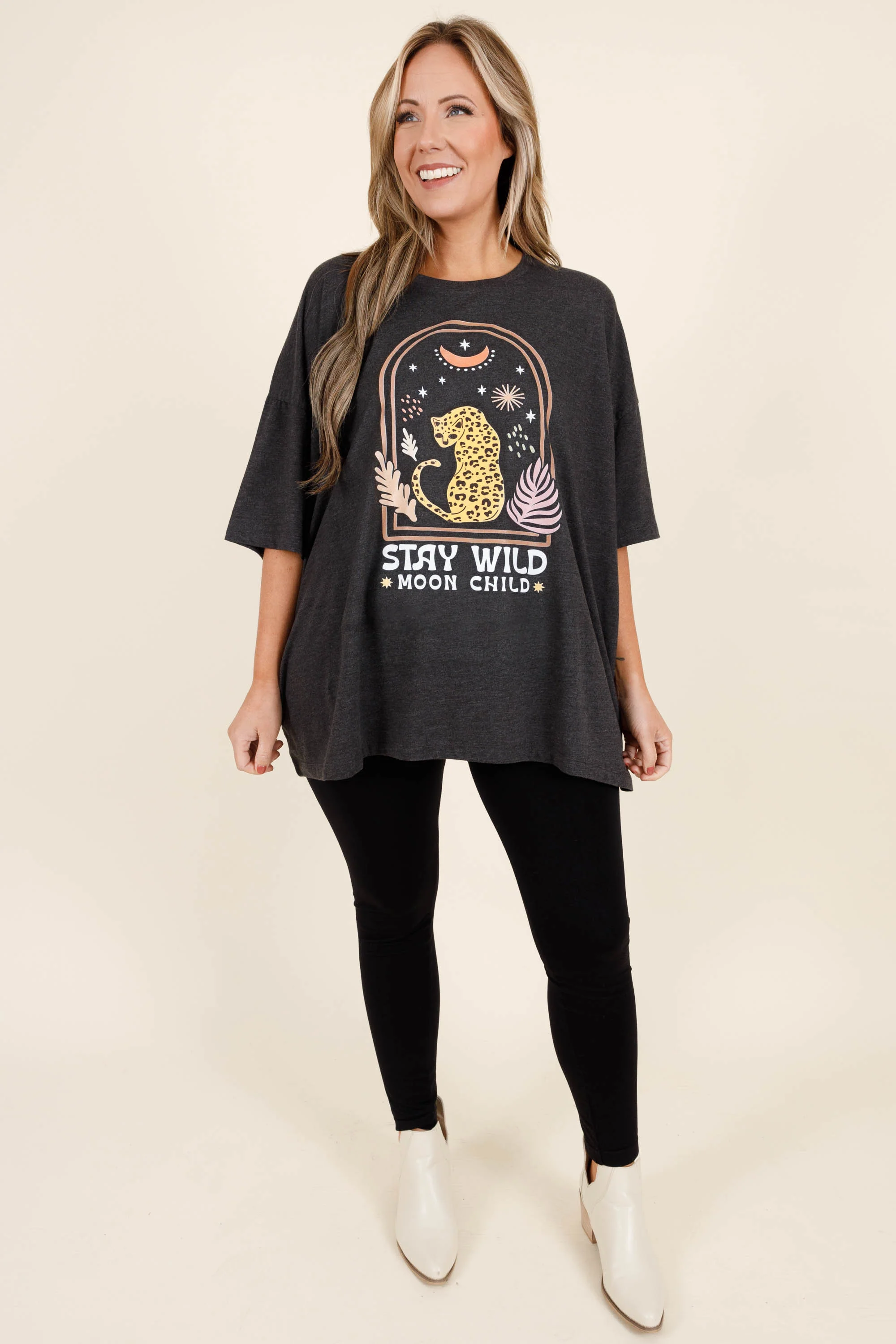 Moon Child Boyfriend Tee, Charcoal - Weilaico