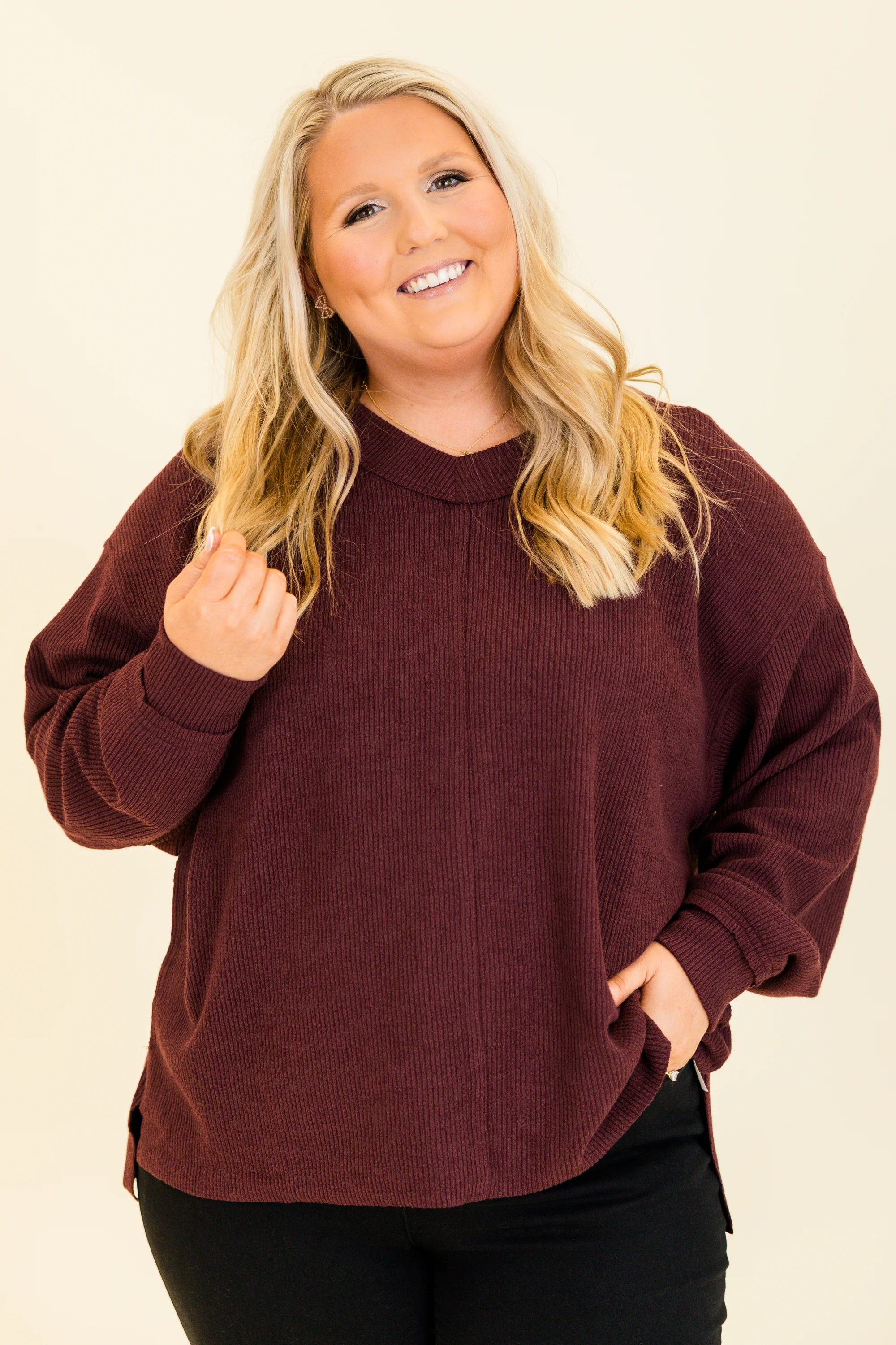 Cozy Textured Sweatshirt, Raisin - Weilaico