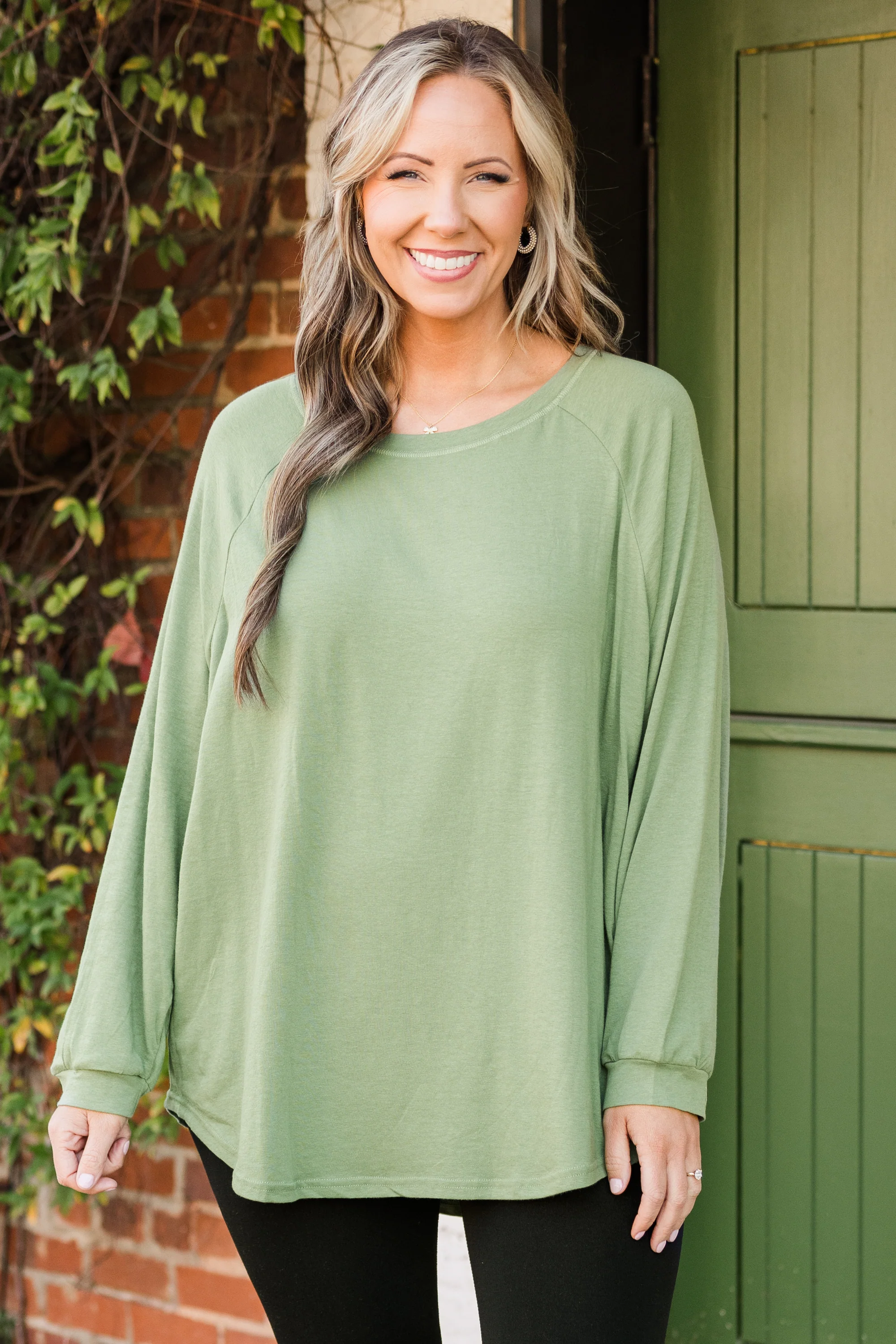 Curved Hem Slouchy Dolman Tunic, Sage - Weilaico