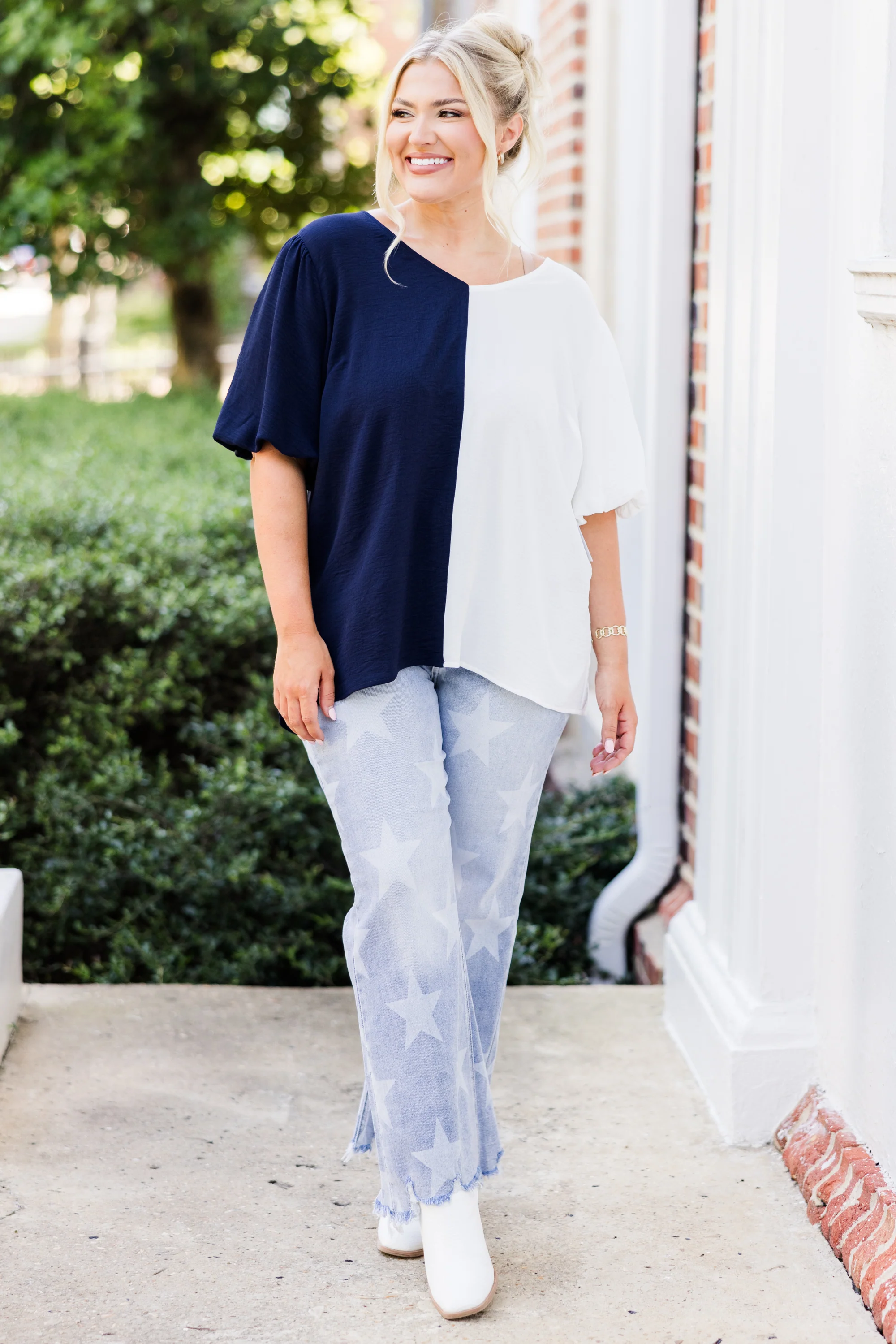 Sideline Sweetheart Top, Navy-White - Weilaico