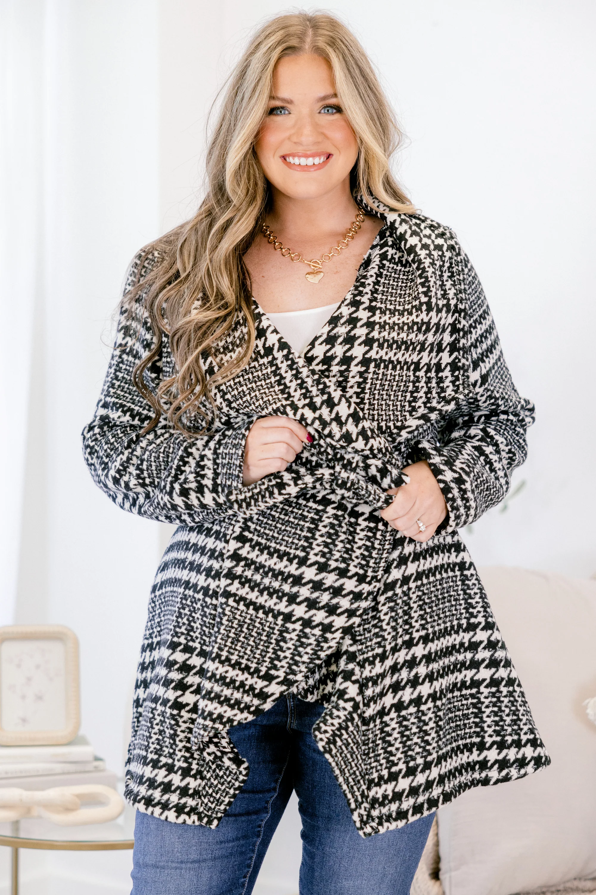 Wrapping It Up Jacket, Black Houndstooth - Weilaico