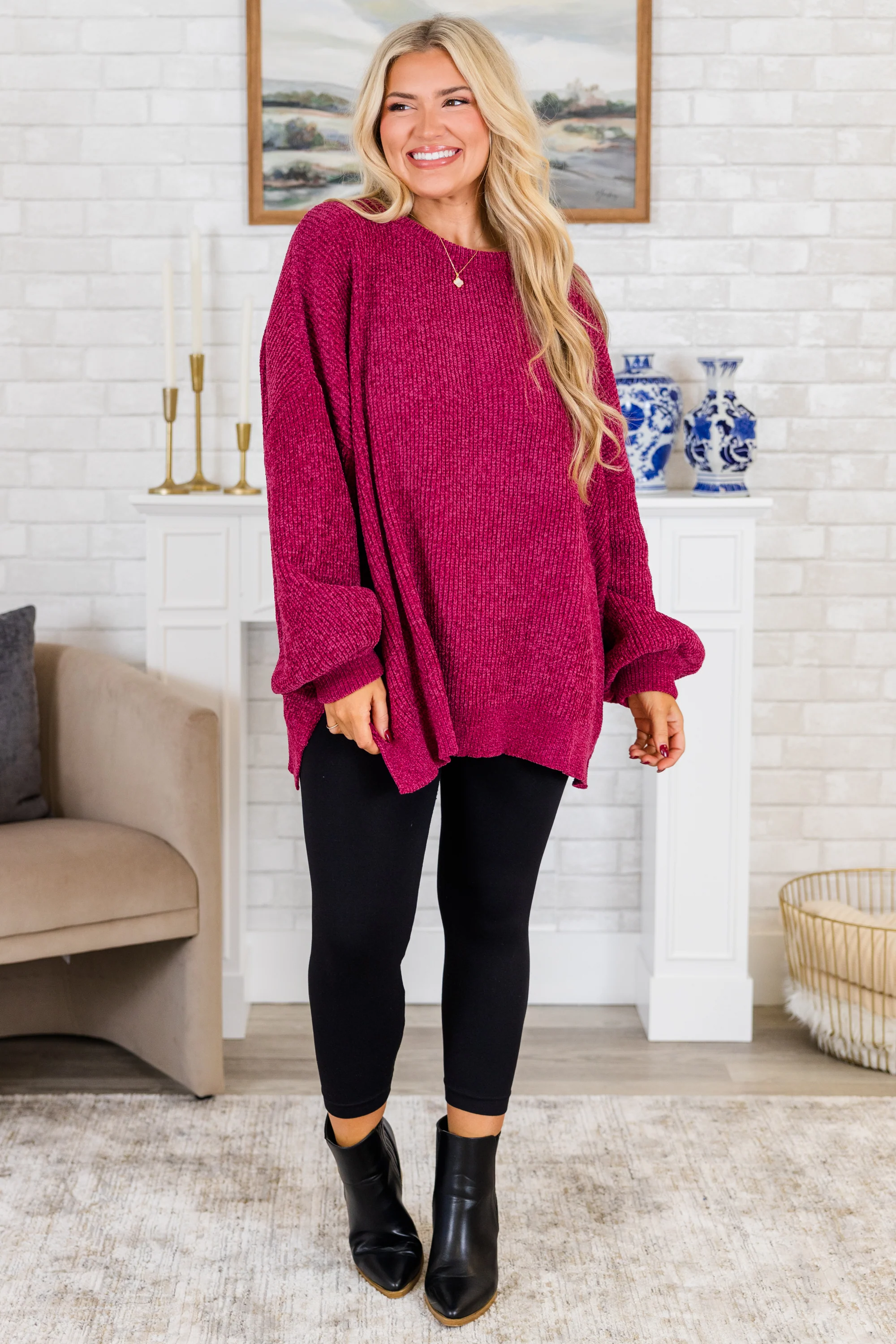 Simple But Sweet Sweater, Magenta - Weilaico