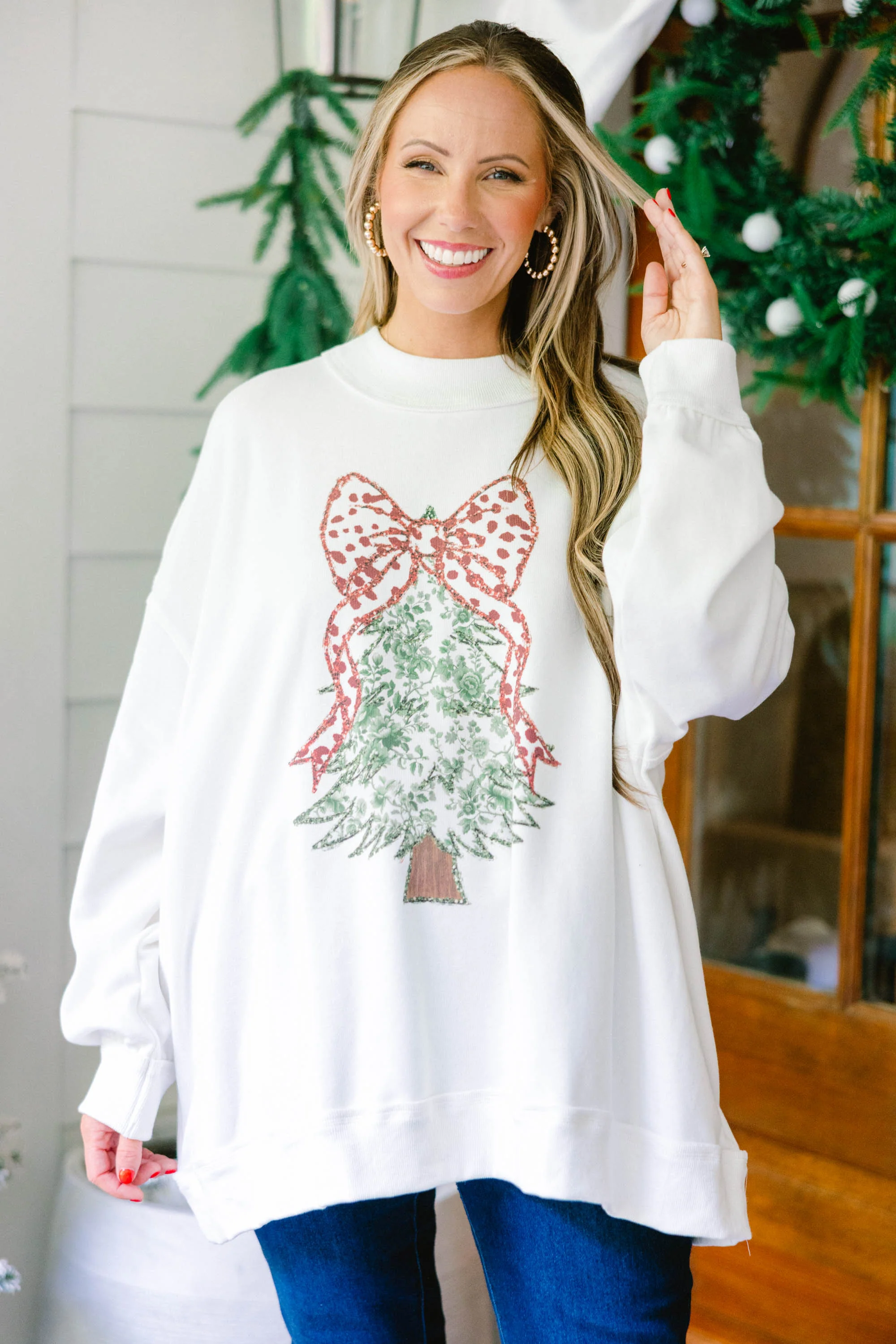 Postcards At Christmas Mock Neck Pullover, Ivory - Weilaico