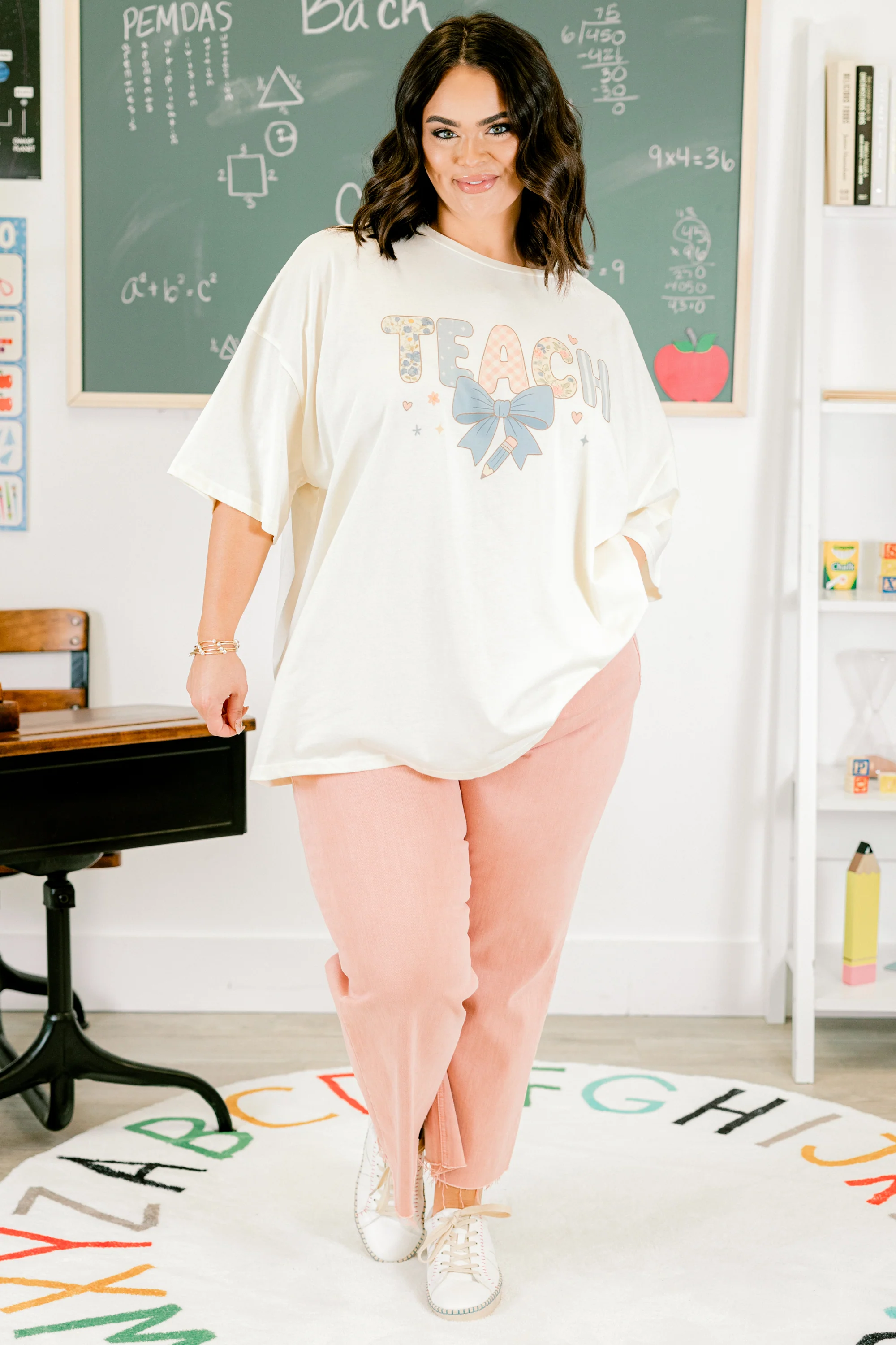 Happy to Teach Boyfriend Tee, Ivory - Weilaico