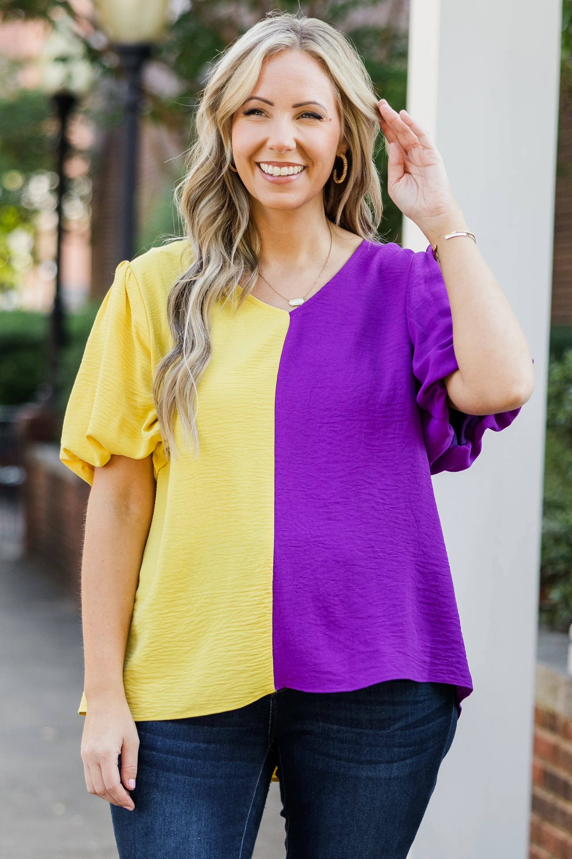 Sideline Sweetheart Top, Gold-Purple - Weilaico