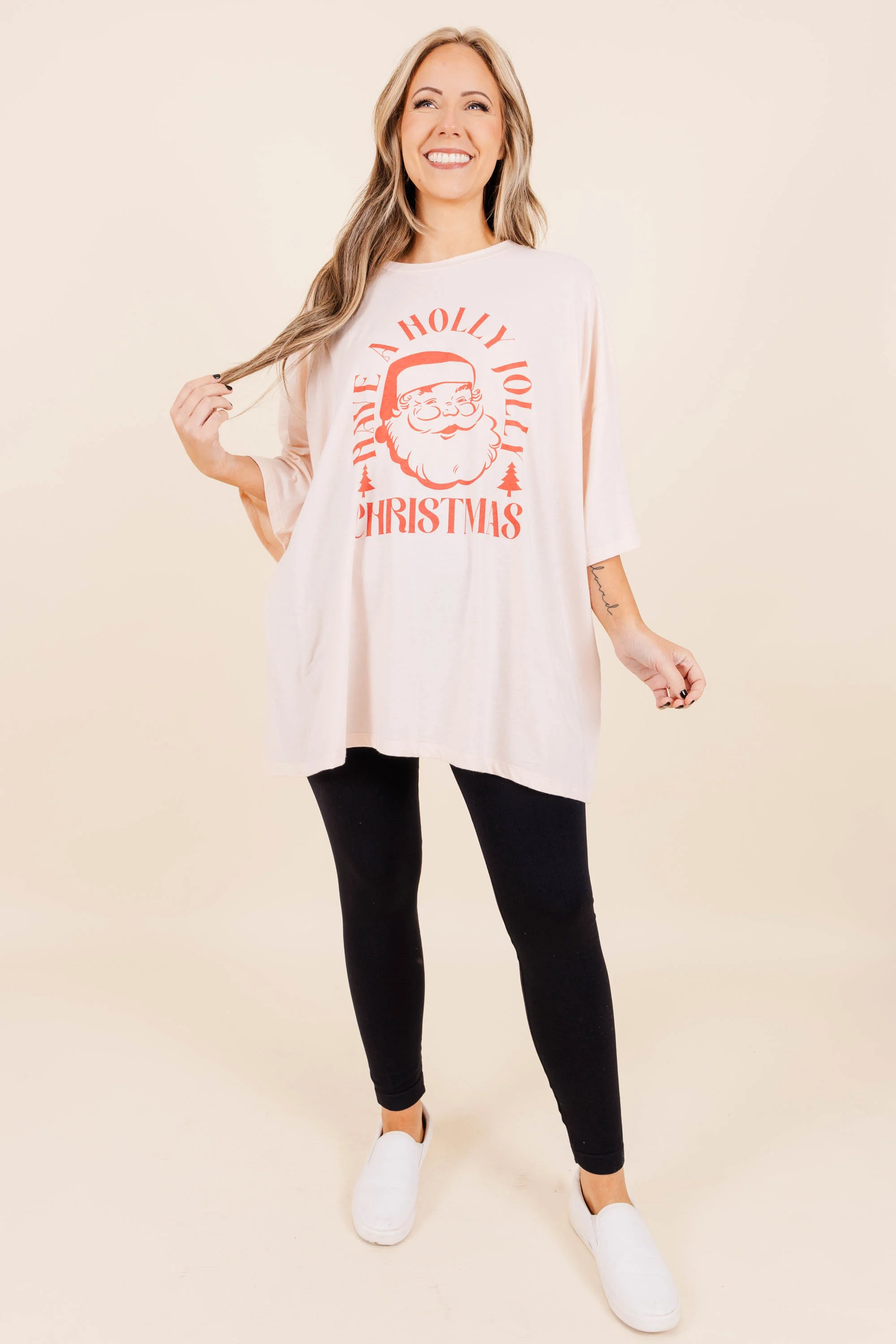 Have A Holly Jolly Christmas Boyfriend Tee, Cream Pink - Weilaico