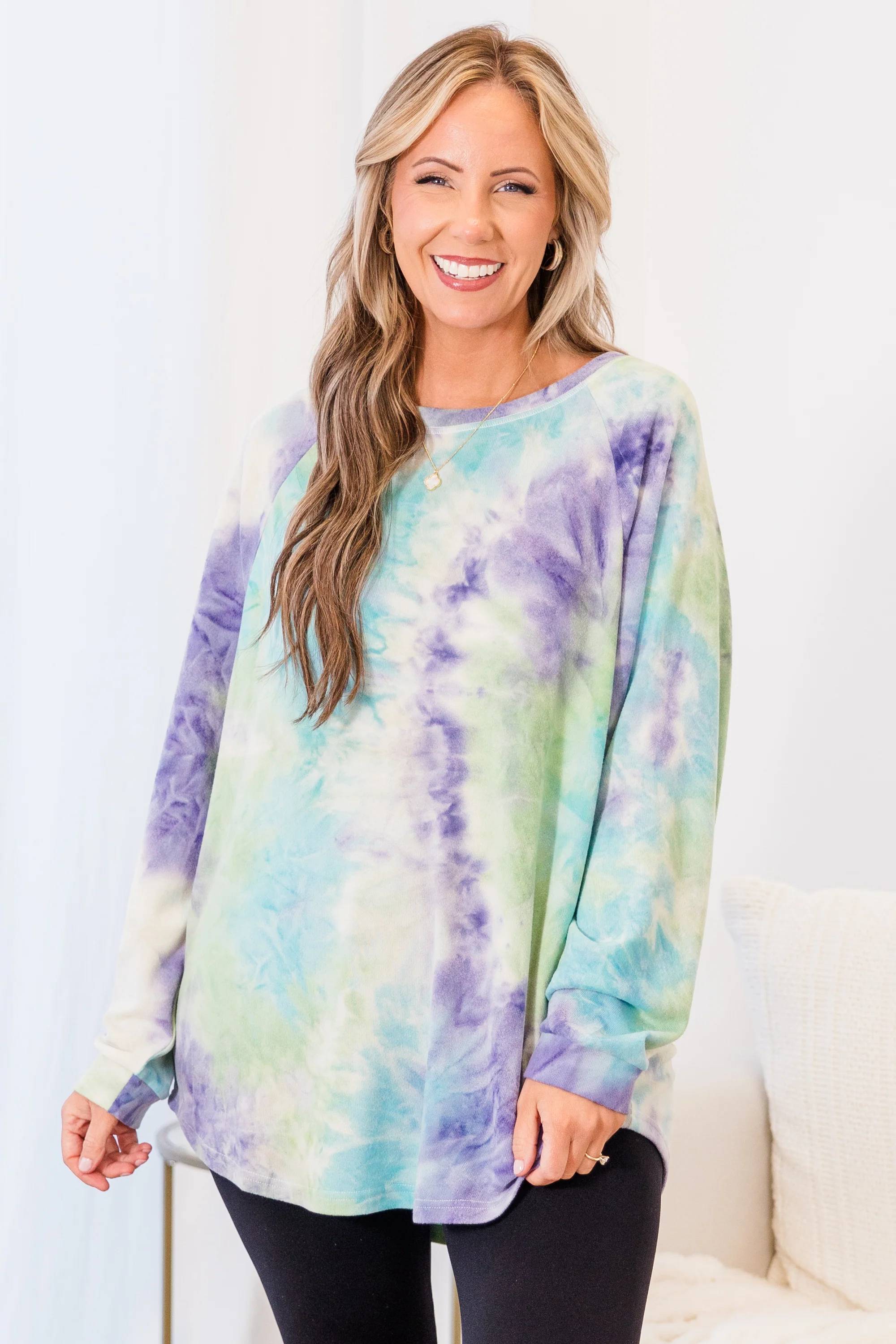 Curved Hem Slouchy Dolman Tunic, Tie Dye Purple - Weilaico