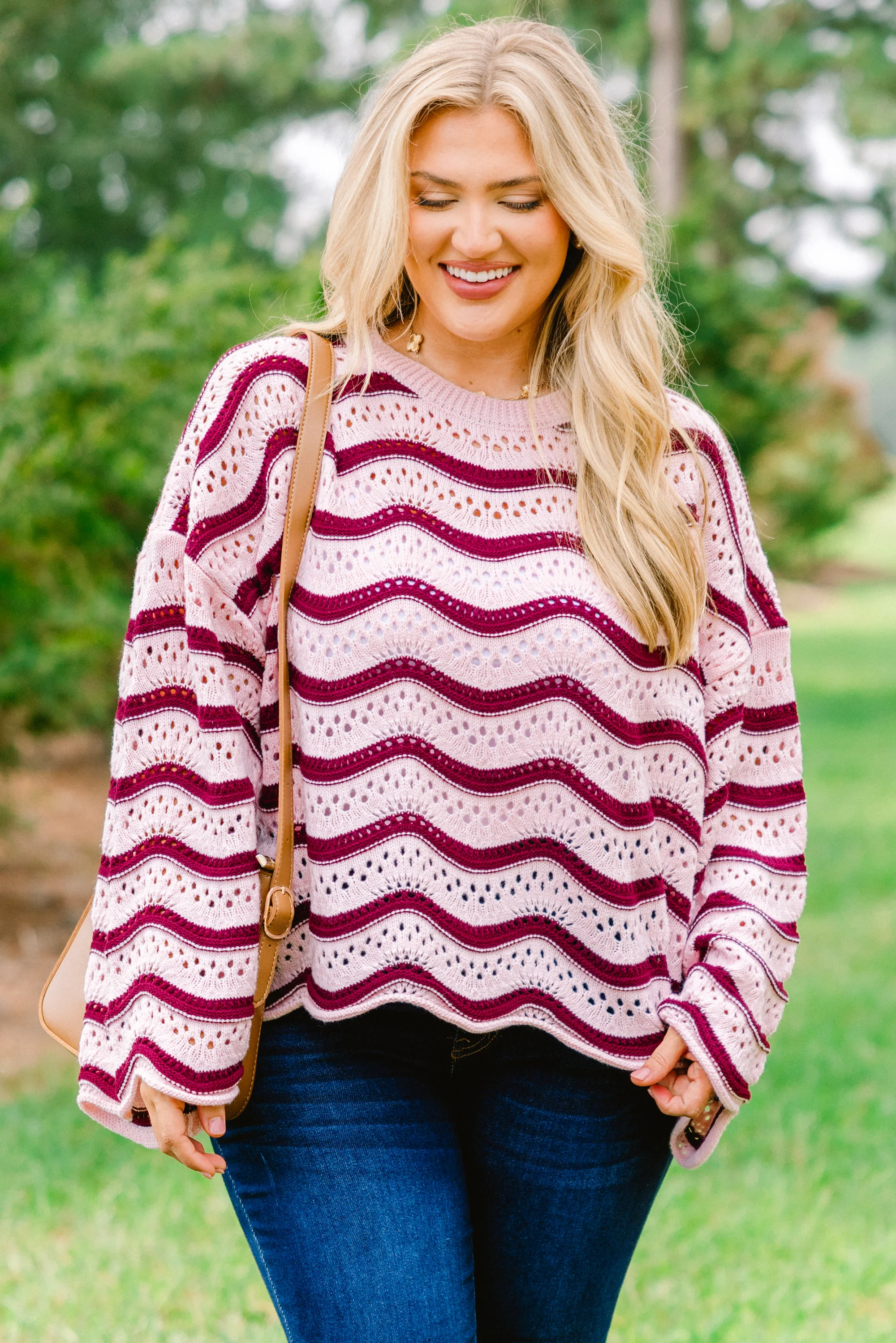 Wavy Comfort Sweater, Pink-Maroon - Weilaico