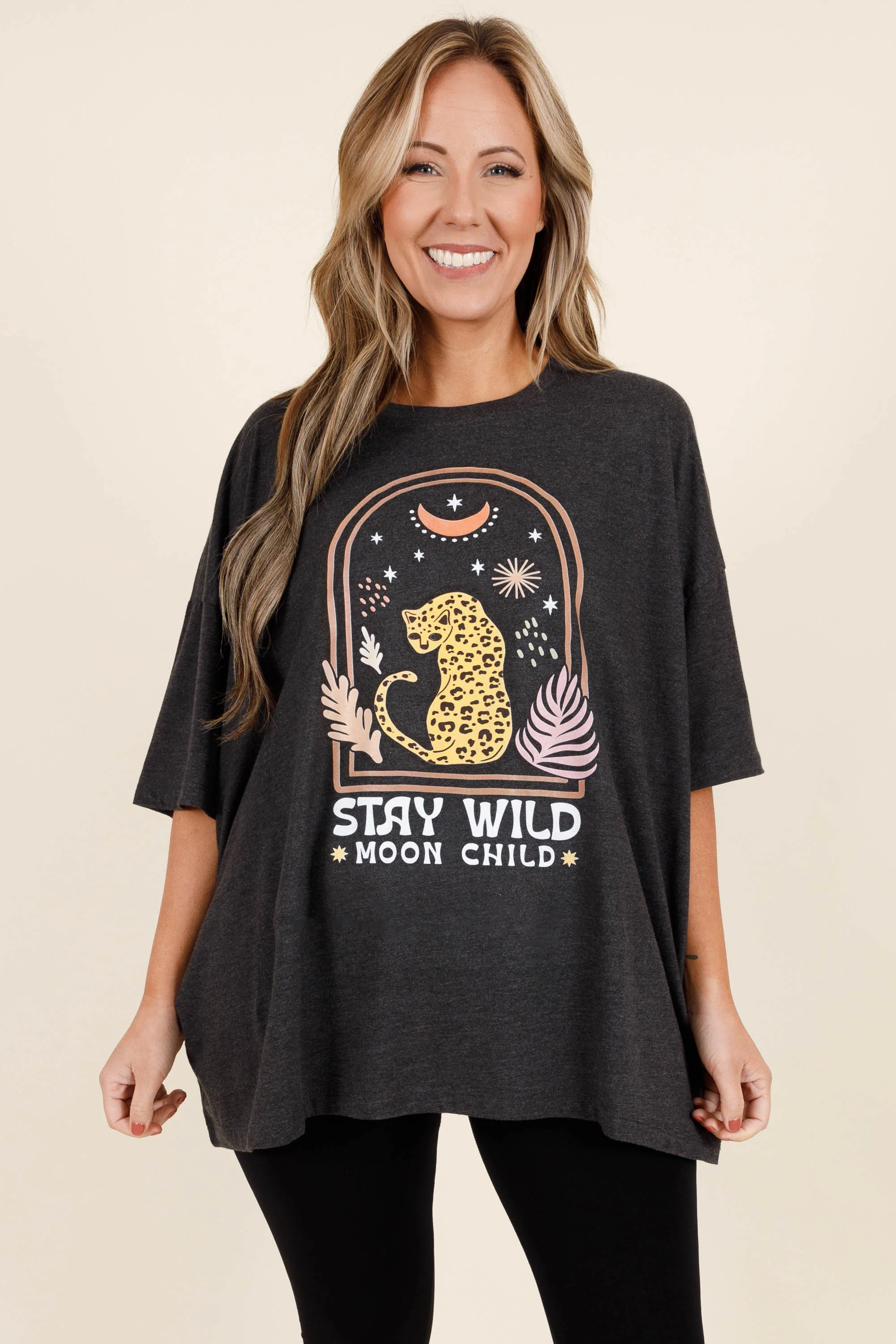 Moon Child Boyfriend Tee, Charcoal - Weilaico