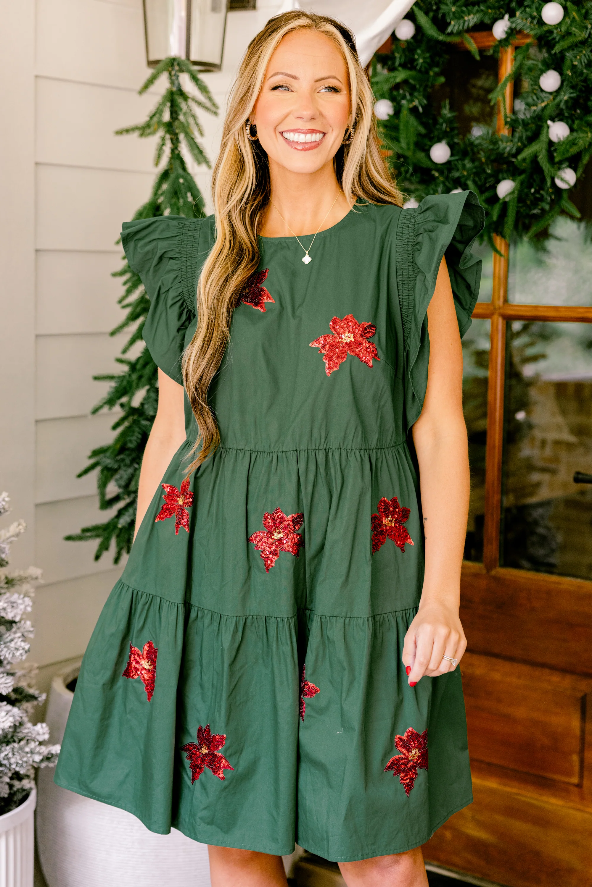 Poinsettia Bloom Dress, Green - Weilaico