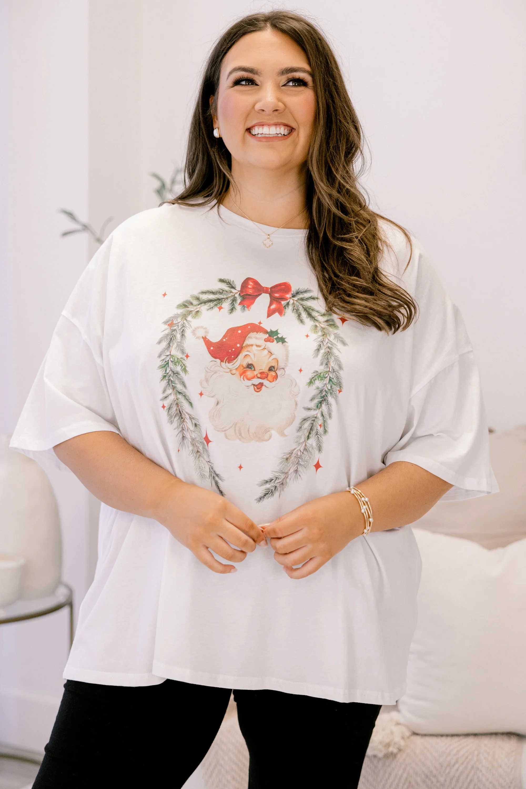 Wreath of Santa Imported Boyfriend Tee, White - Weilaico