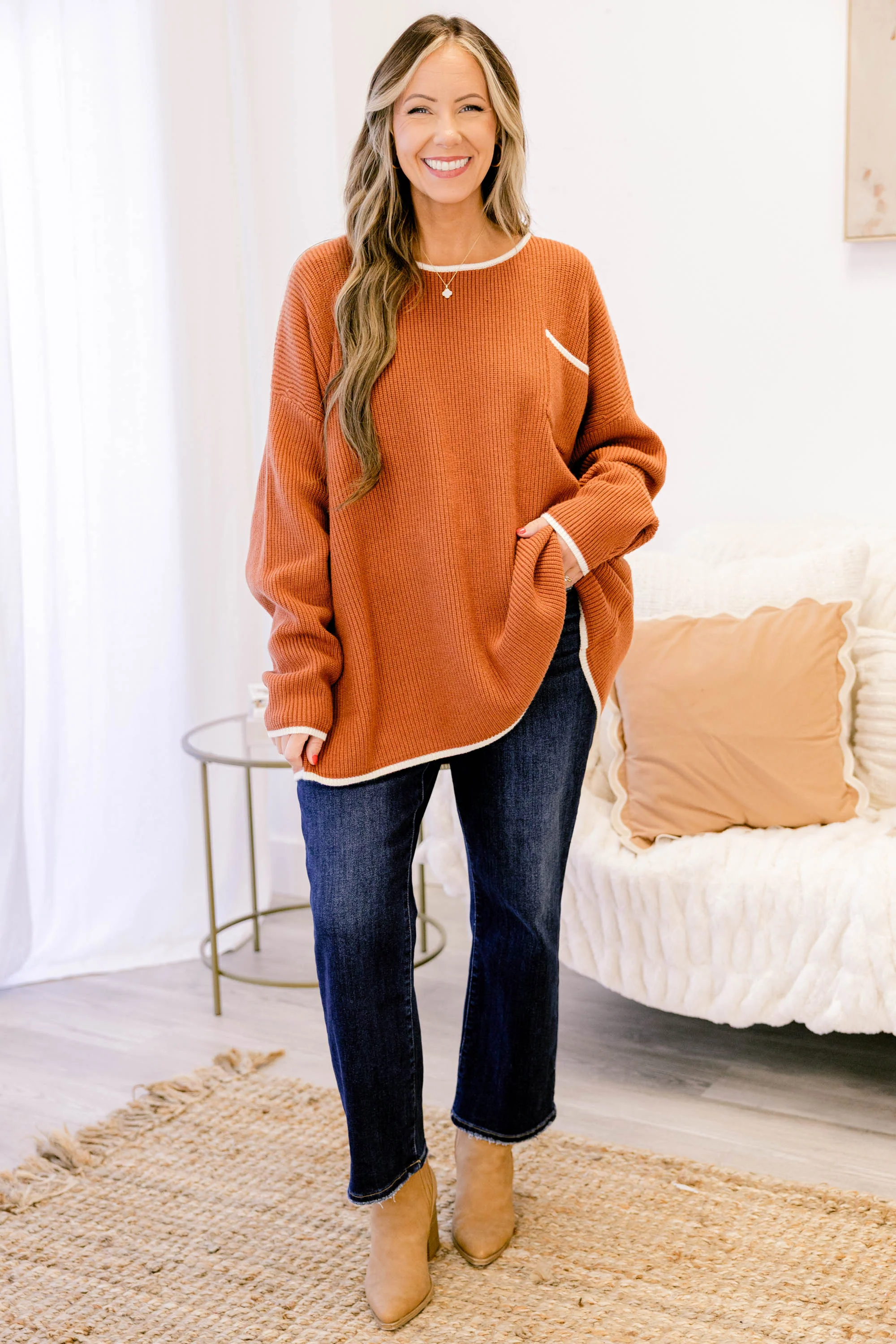 Can't Keep Going Sweater, Rust-Cream - Weilaico