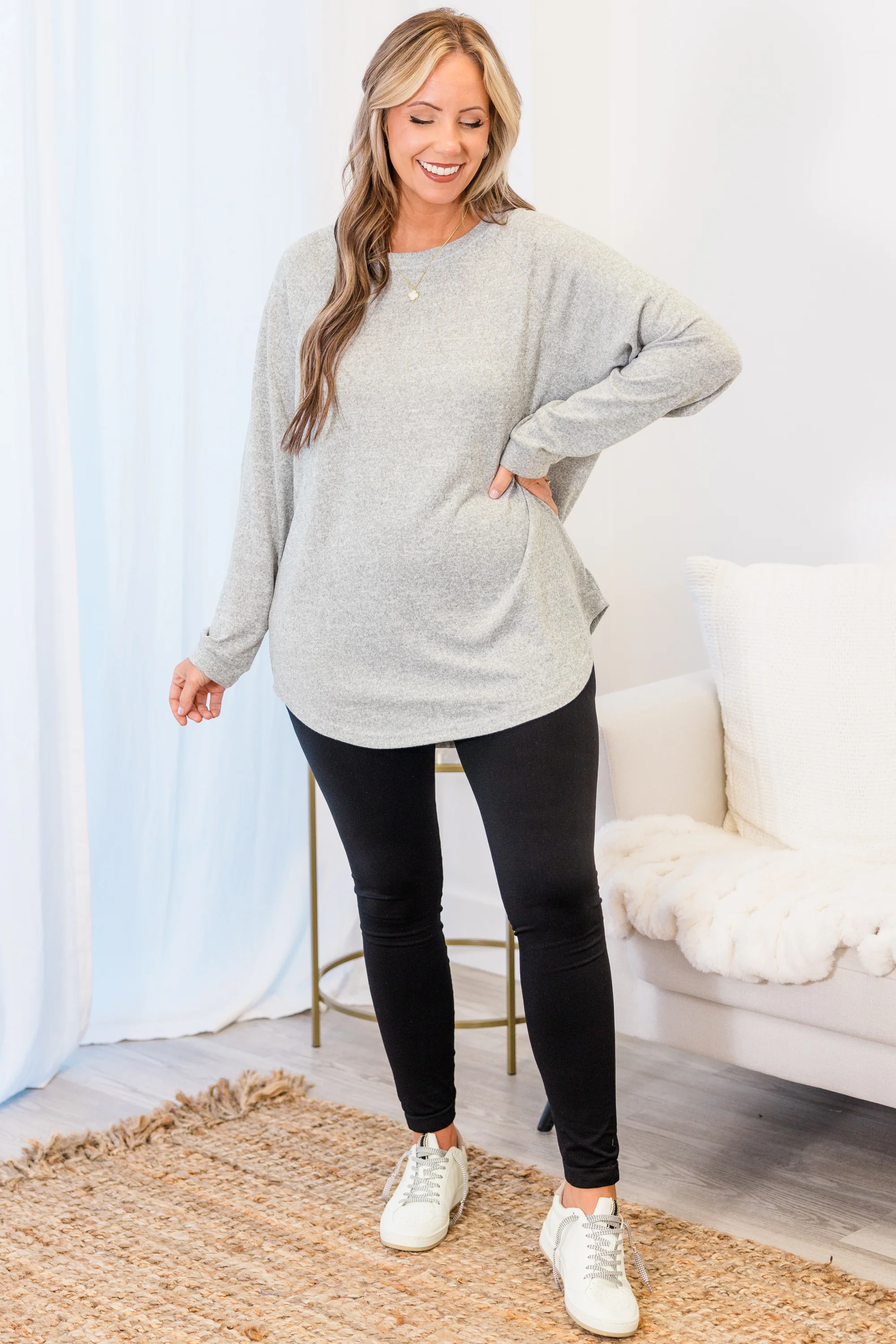 Curved Hem Slouchy Dolman Knitted Tunic, Heather Gray - Weilaico