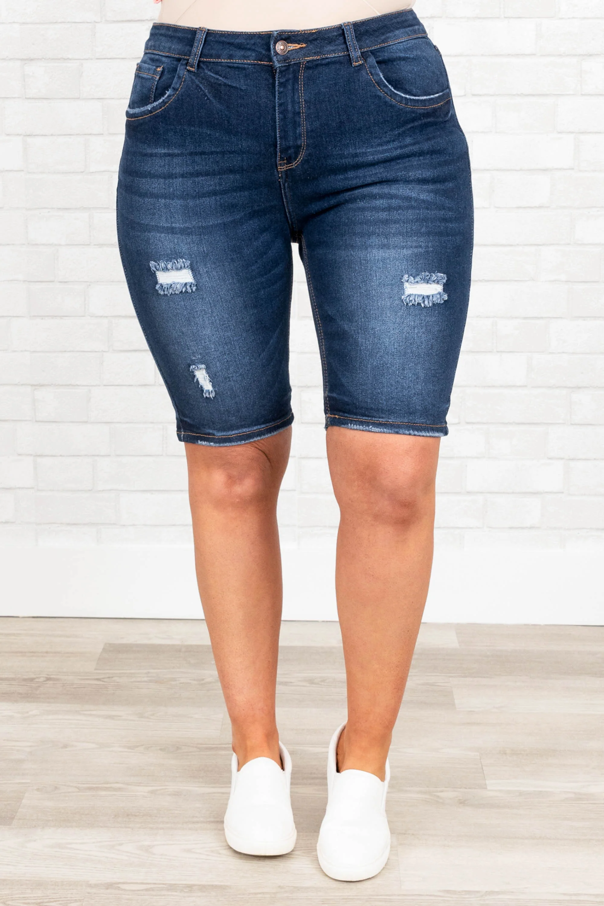 Shut Up And Drive Jean Shorts, Dark Wash - Weilaico