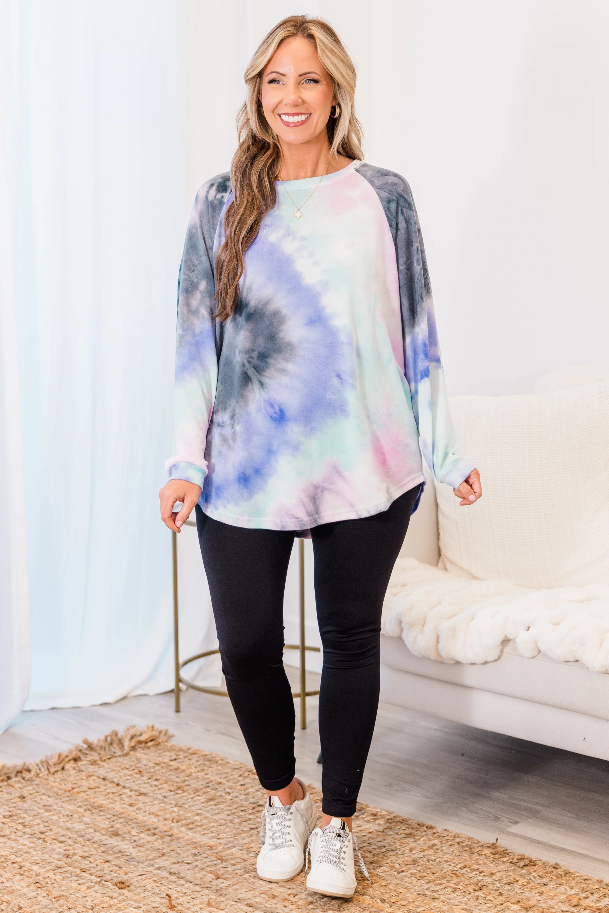 Curved Hem Slouchy Dolman Tunic, Tie Dye Pink & Blue - Weilaico