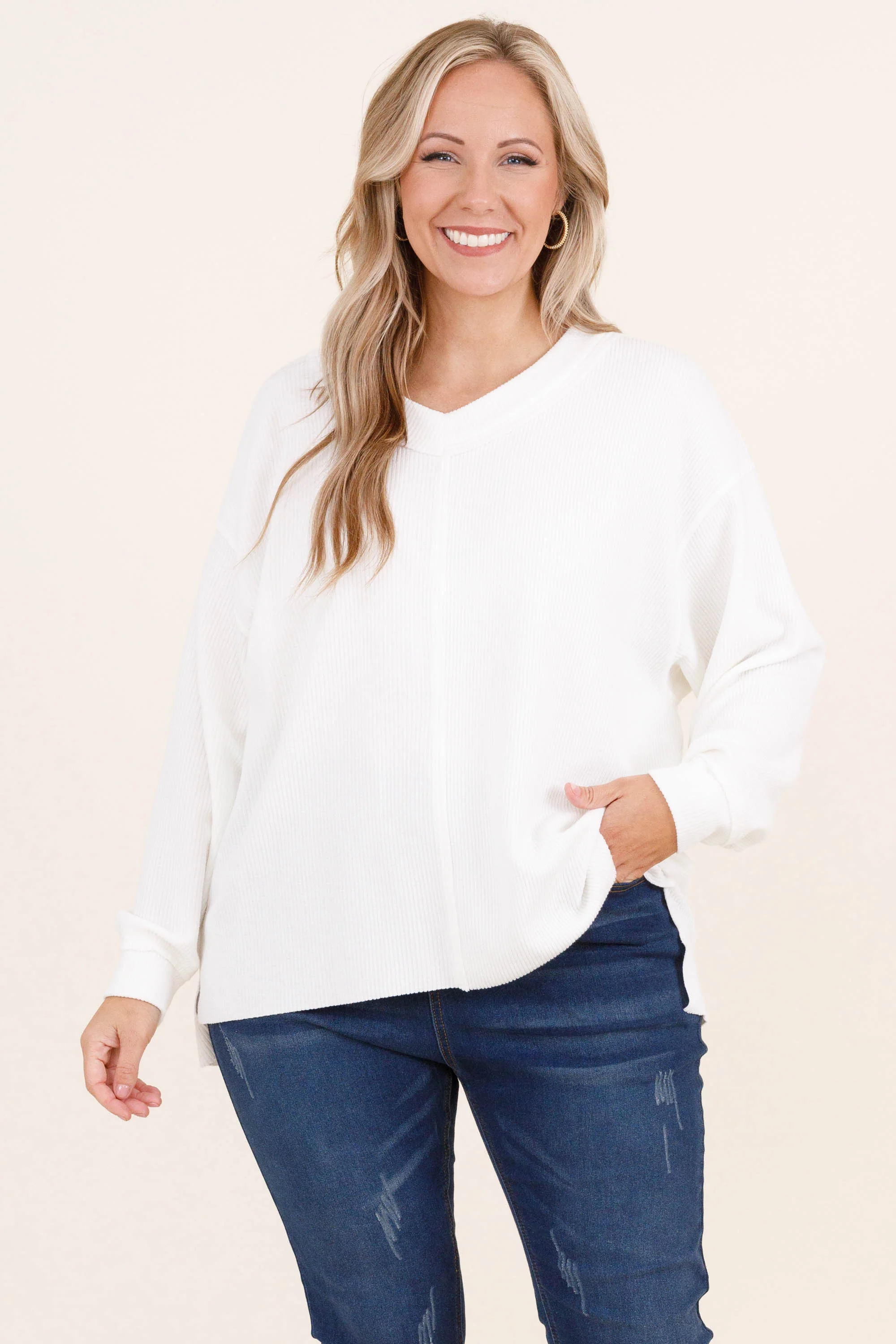Cozy Textured Sweatshirt, Ivory - Weilaico