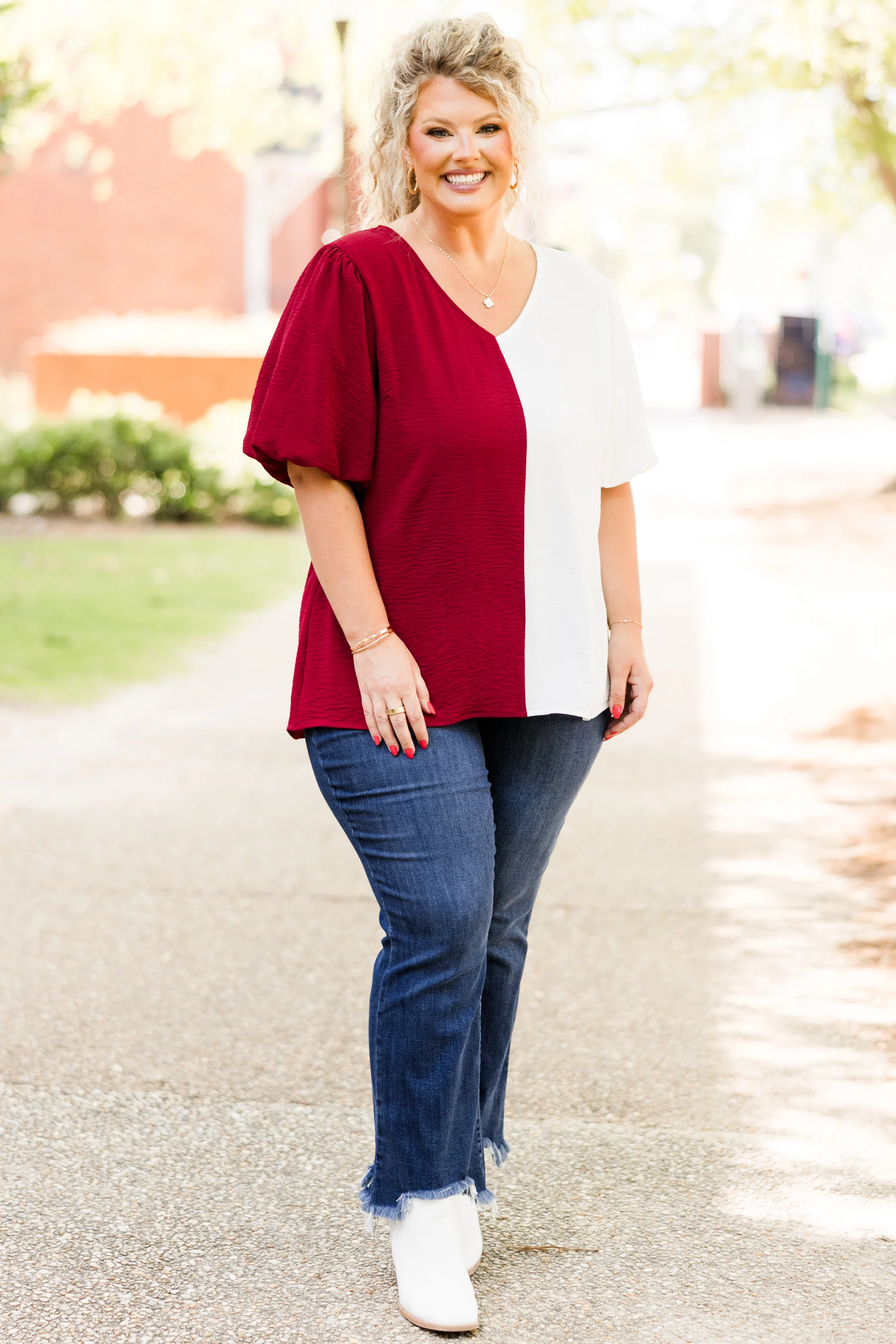 Sideline Sweetheart Top, Crimson-White - Weilaico