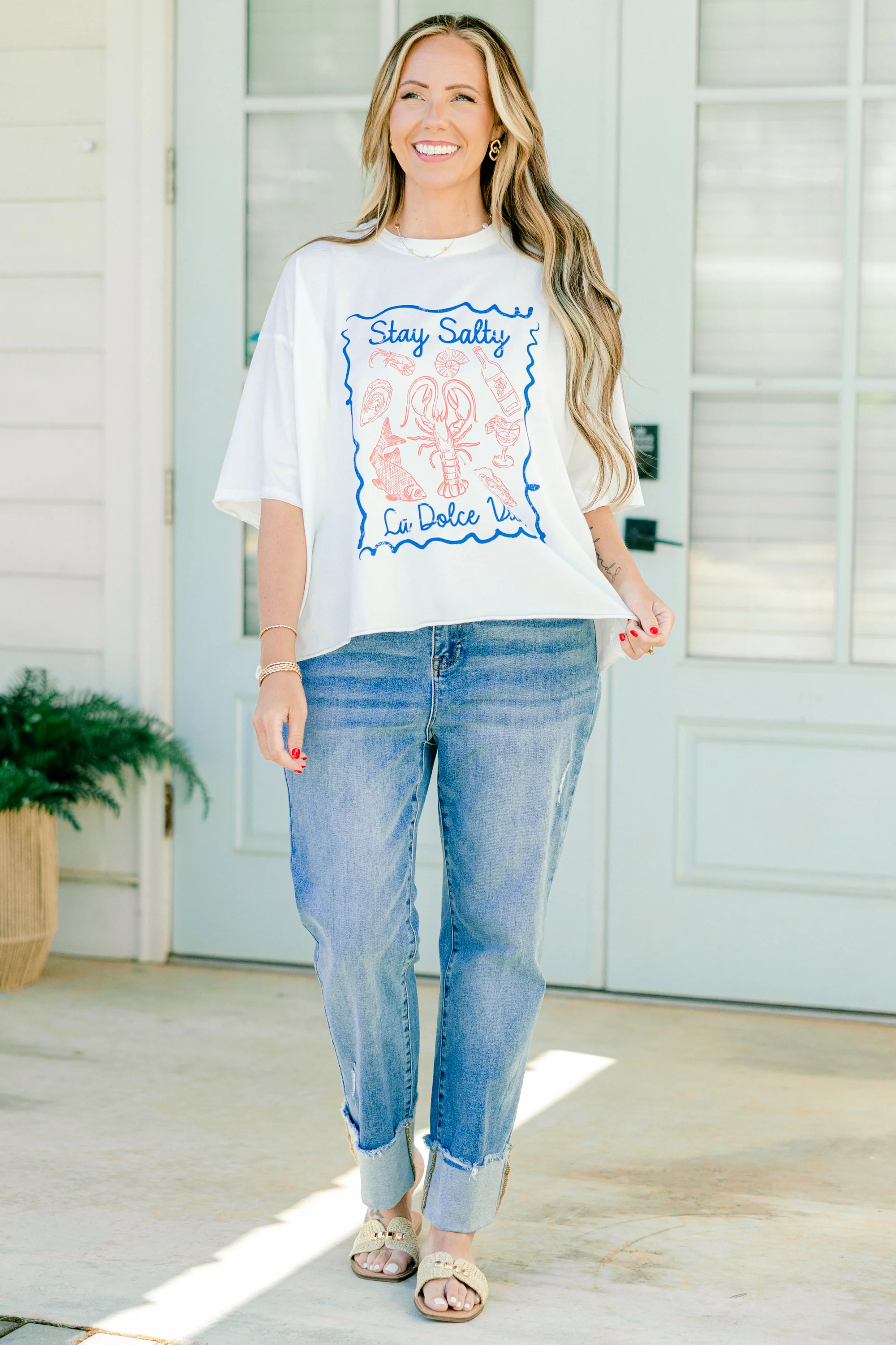 La Dolce Vita Vintage Wash Tee, White - Weilaico