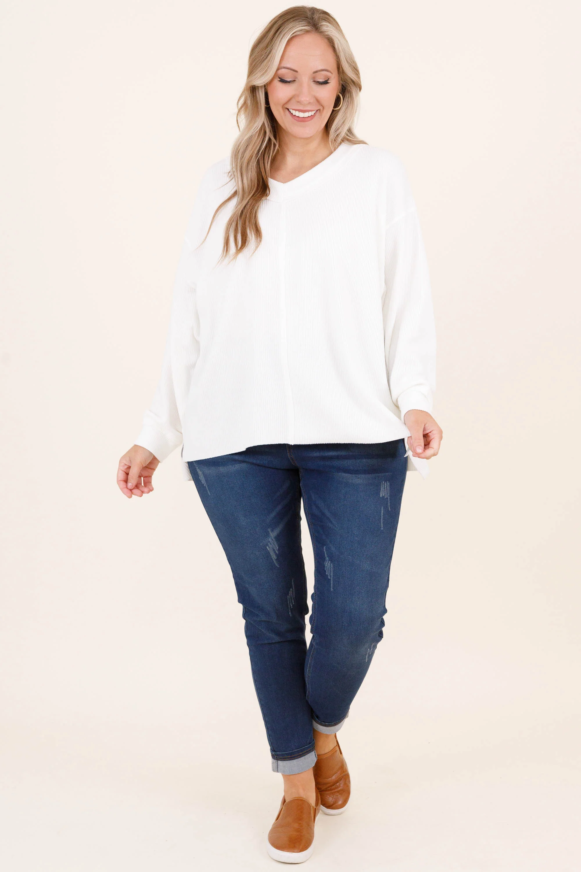 Cozy Textured Sweatshirt, Ivory - Weilaico