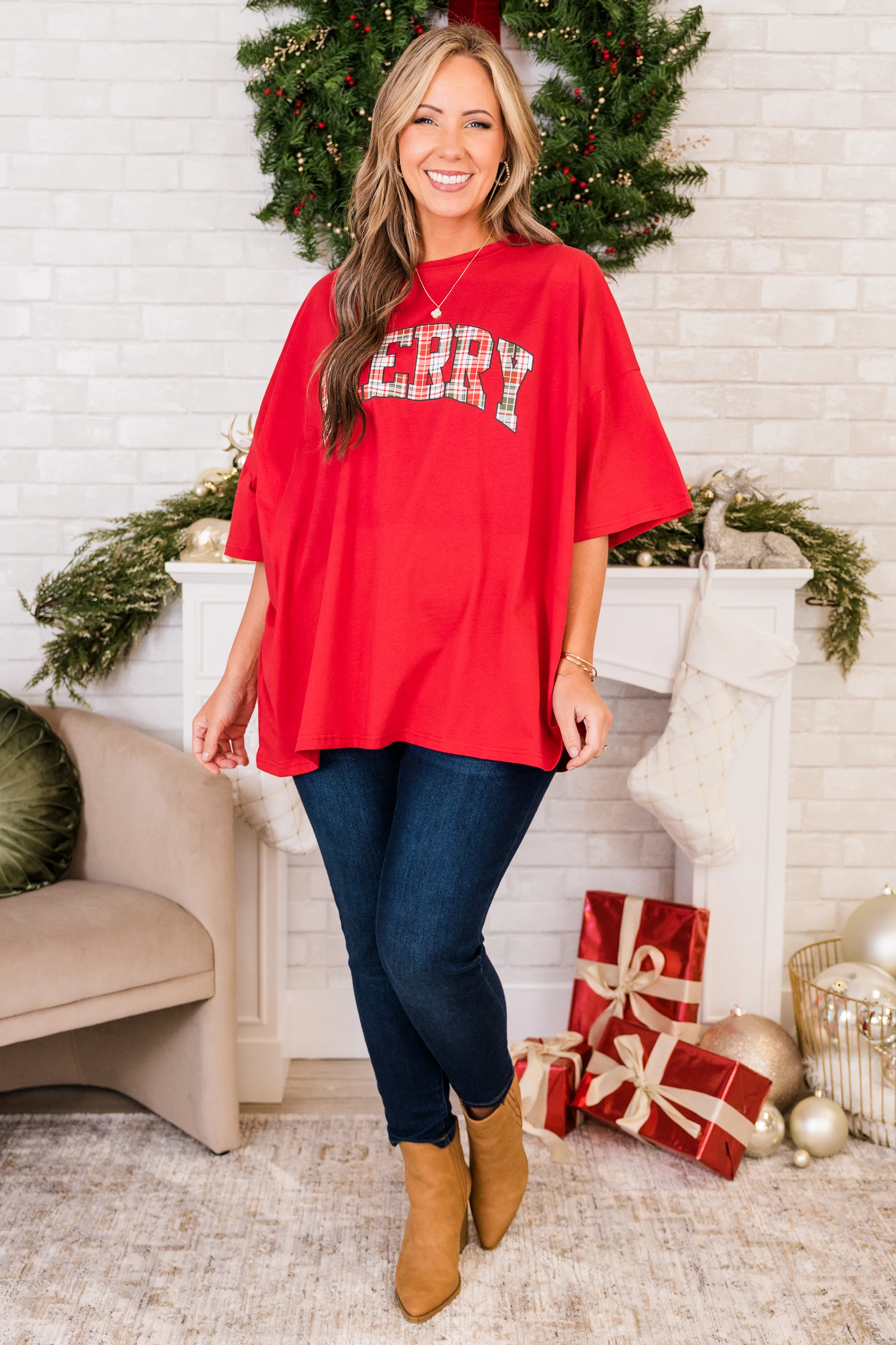 Merry and Plaid Boyfriend Tee, Red - Weilaico
