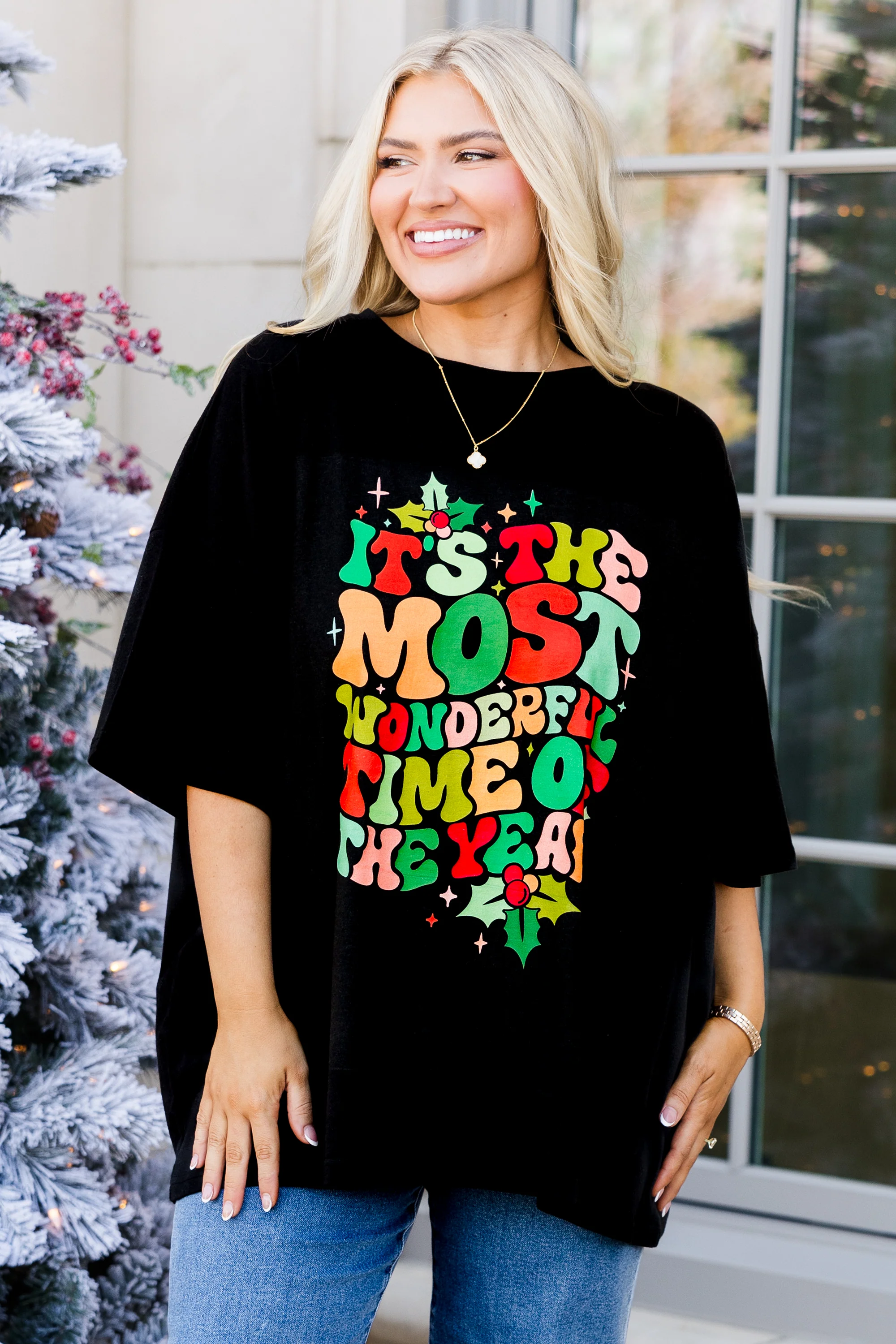 Most Wonderful Time Boyfriend Tee, Black - Weilaico