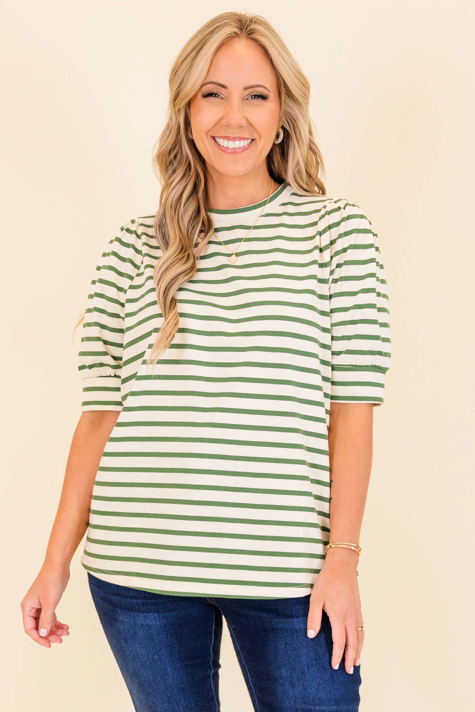 Signature Stripes Top, Green-White - Weilaico