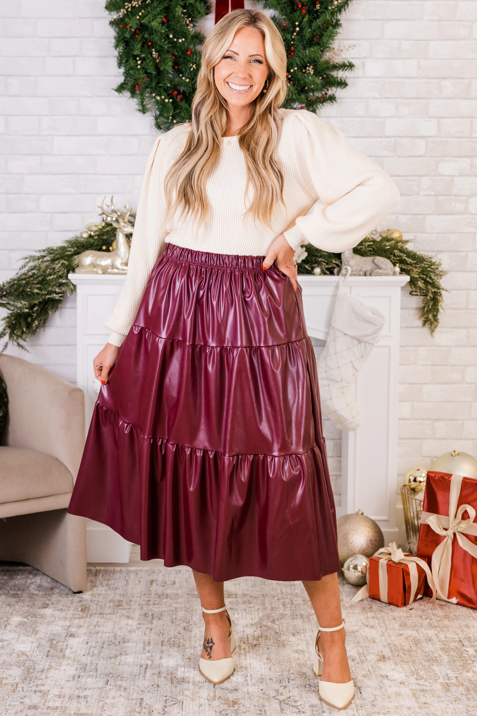 Always and For Leather Skirt, Burgundy - Weilaico