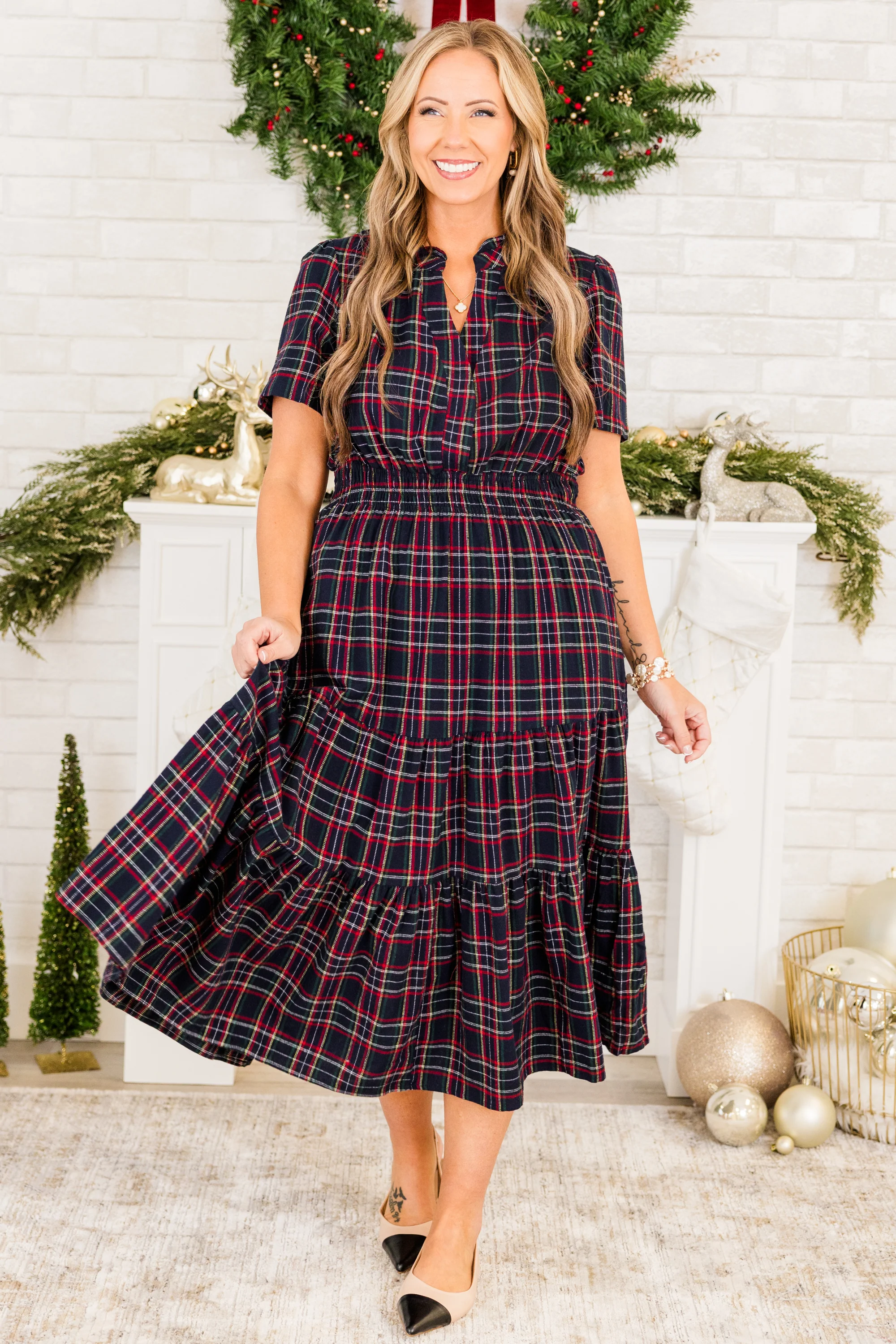 Letters From You Midi Dress, Navy Plaid - Weilaico