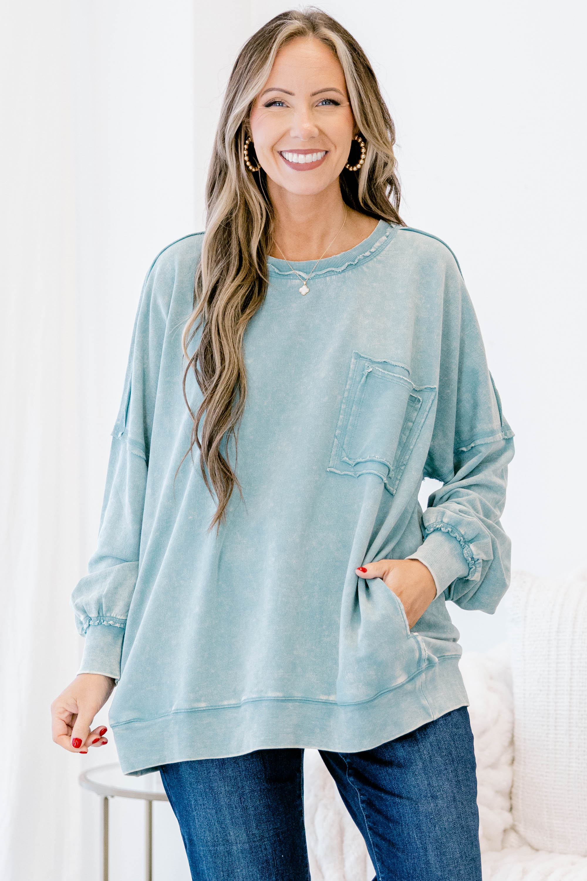 Here With Open Arms Pullover, Ash Blue - Weilaico