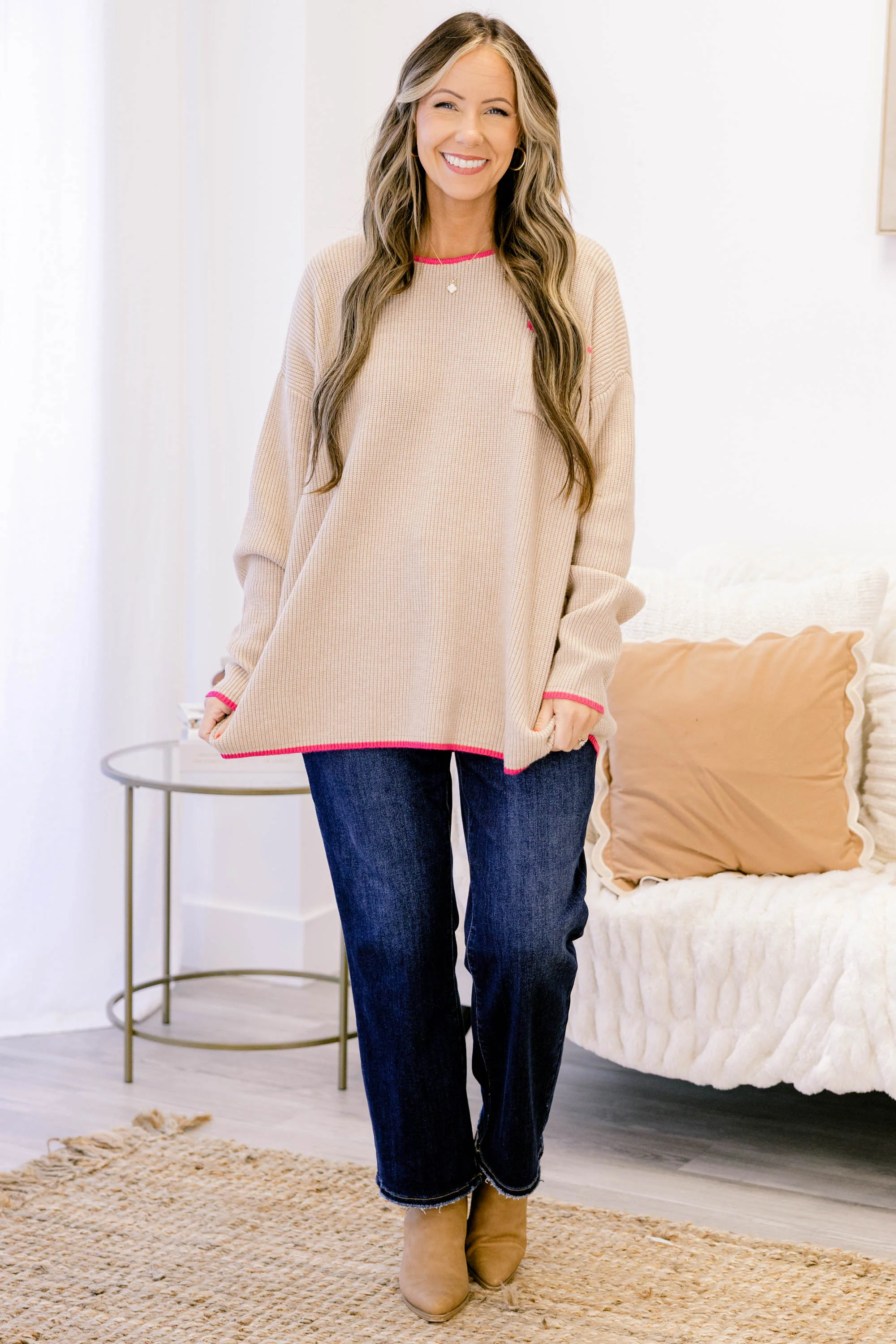 Can't Keep Going Sweater, Taupe-Pink - Weilaico