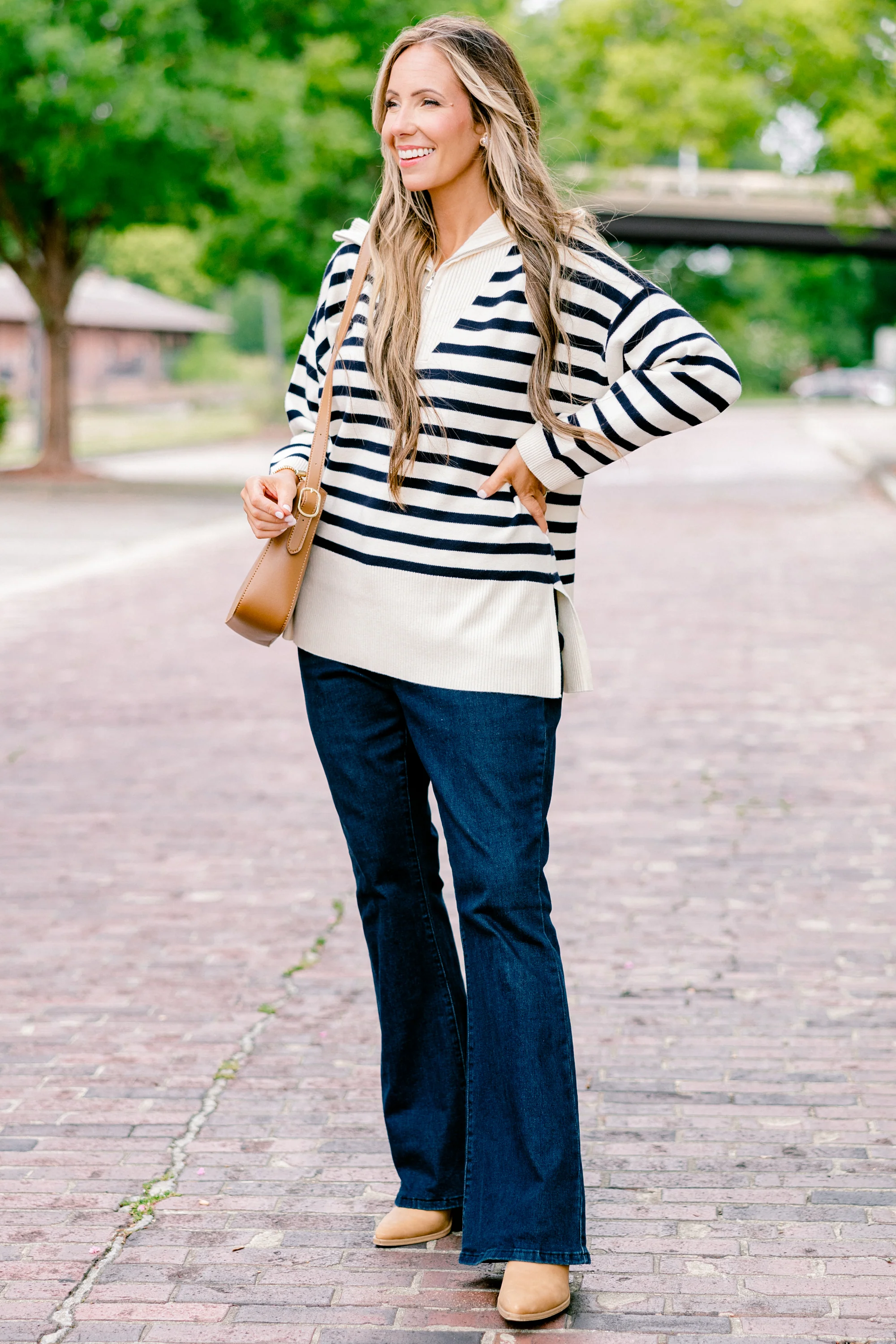 Sweet Stripes Sweater, Taupe - Weilaico