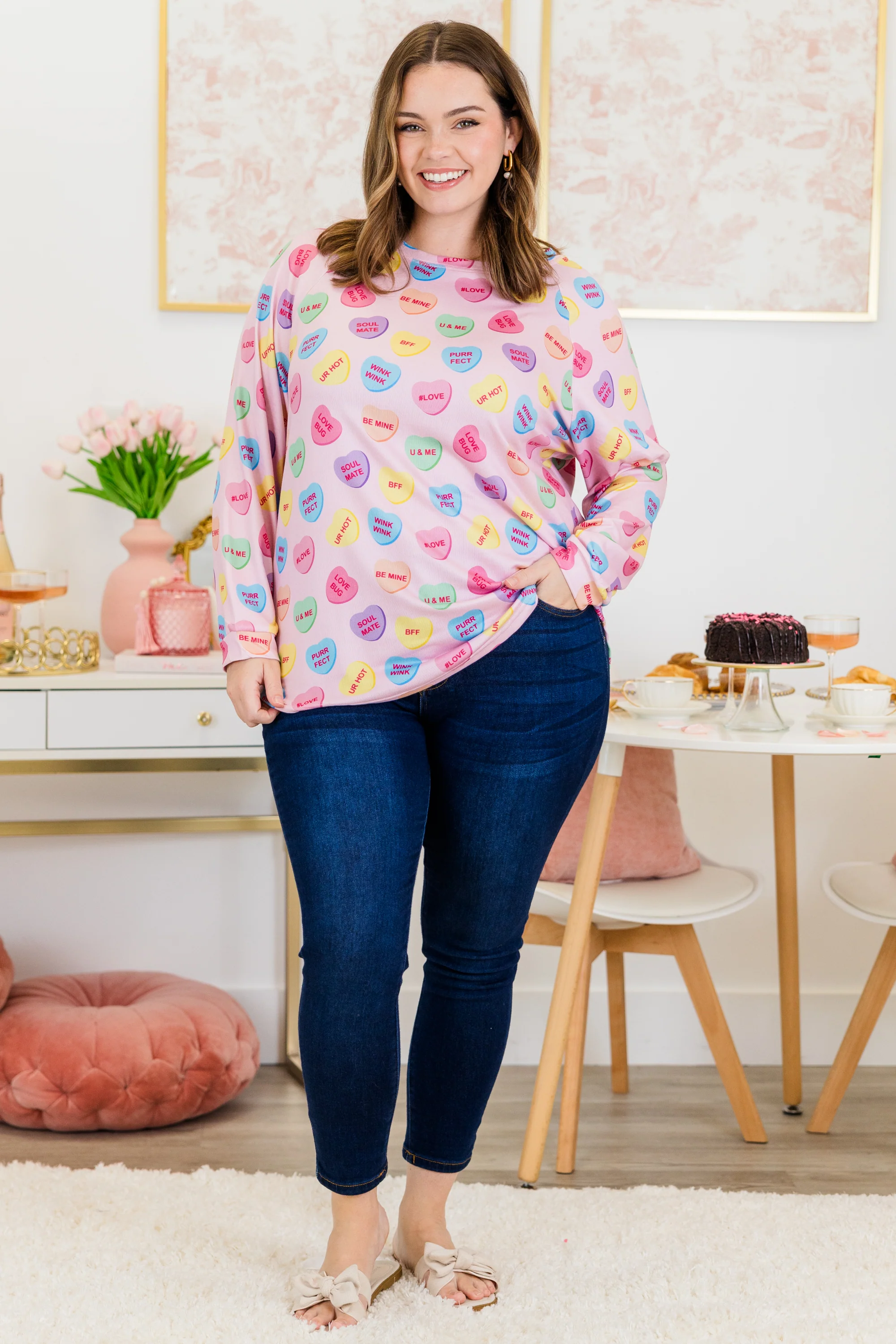 Curved Hem Slouchy Dolman Tunic, Conversation Heart - Weilaico