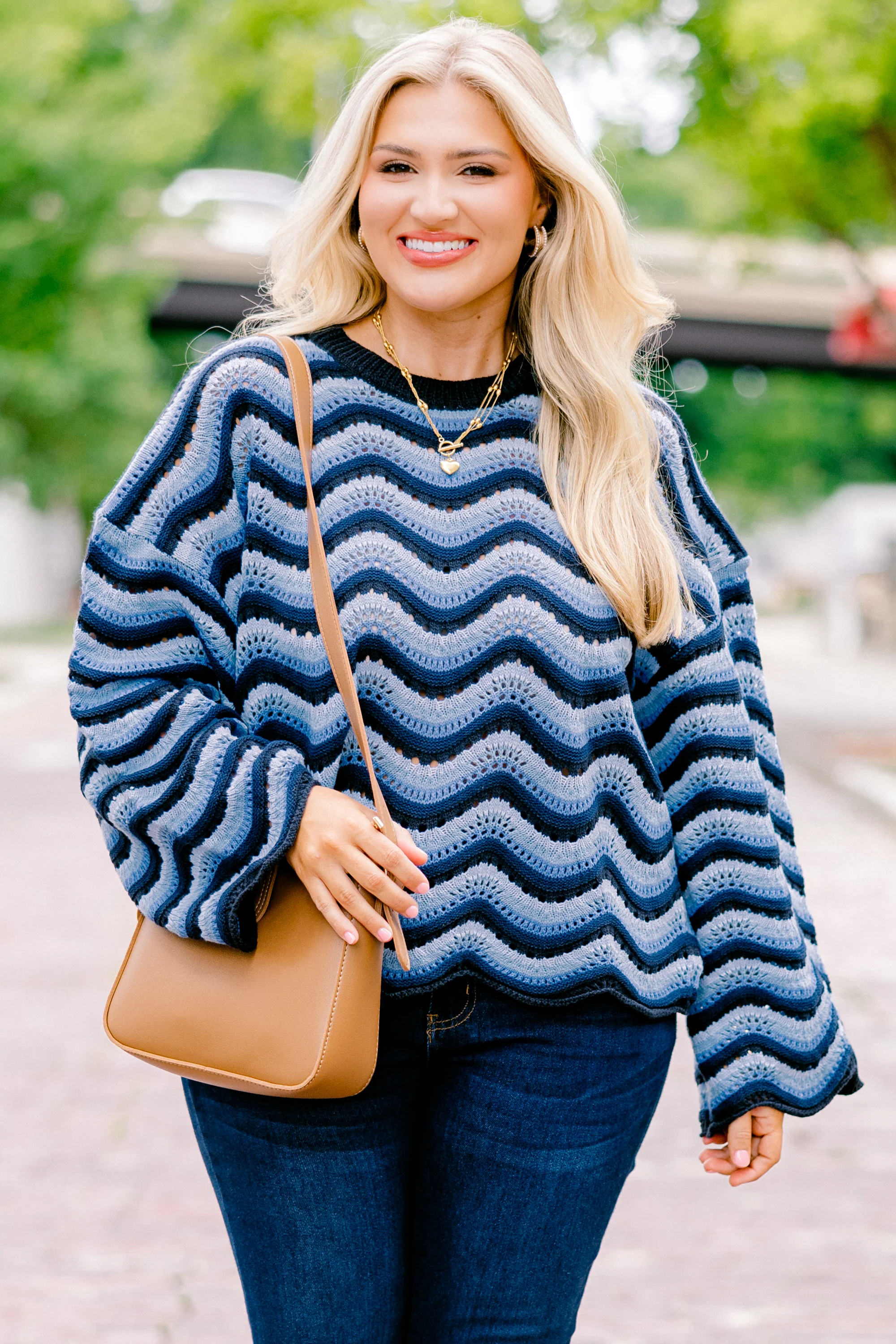 Wavy Comfort Sweater, Navy Blue - Weilaico